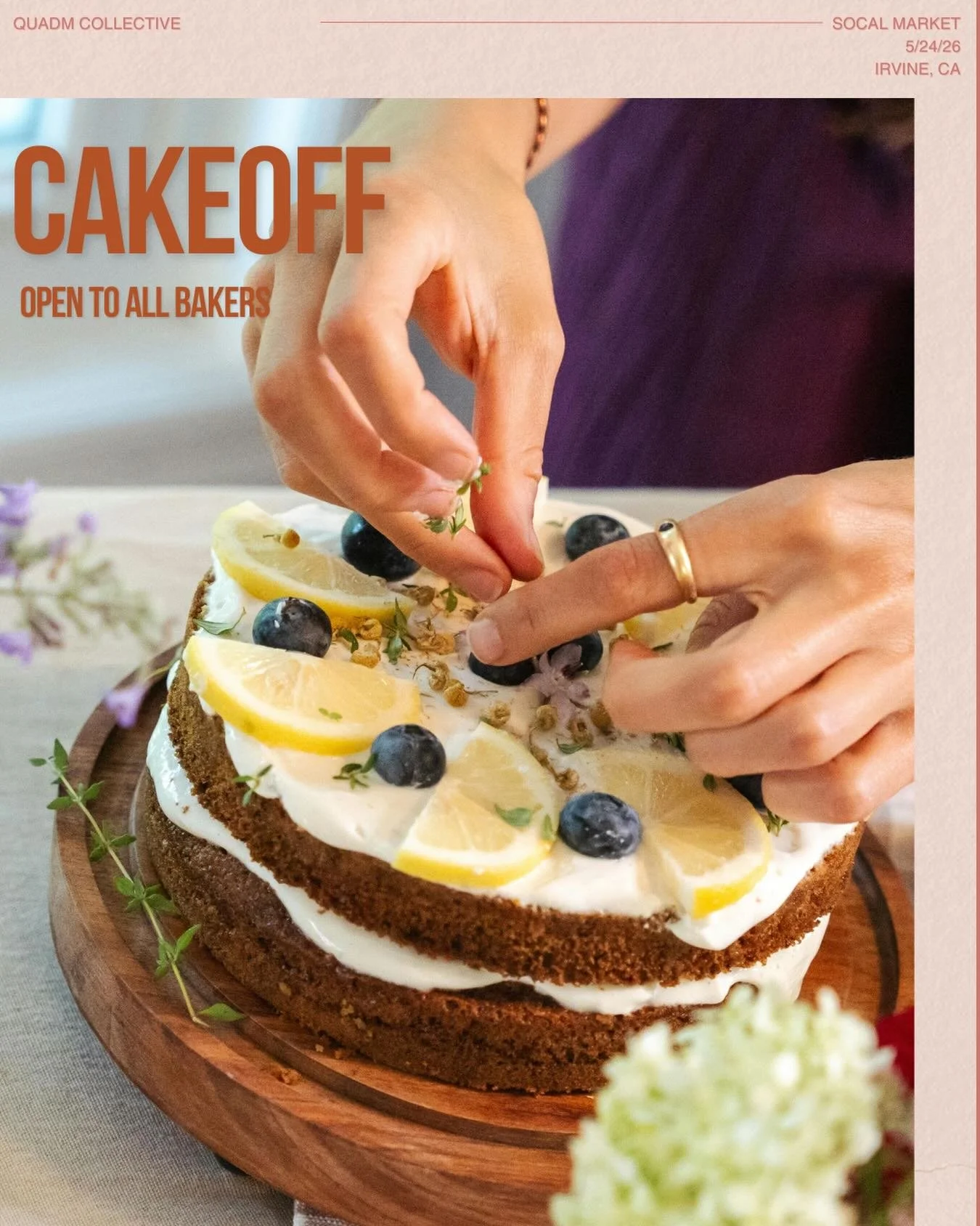 Do you have what it takes? 

Compete in the first ever QUADM CAKE OFF in a fun competition at the market at this year&rsquo;s SoCal&rsquo;s QUADM in Irvine. 

60 minutes. 
Fun challenges. 
LIVE. 
Judges we all know and love. 
Taste testing with the a