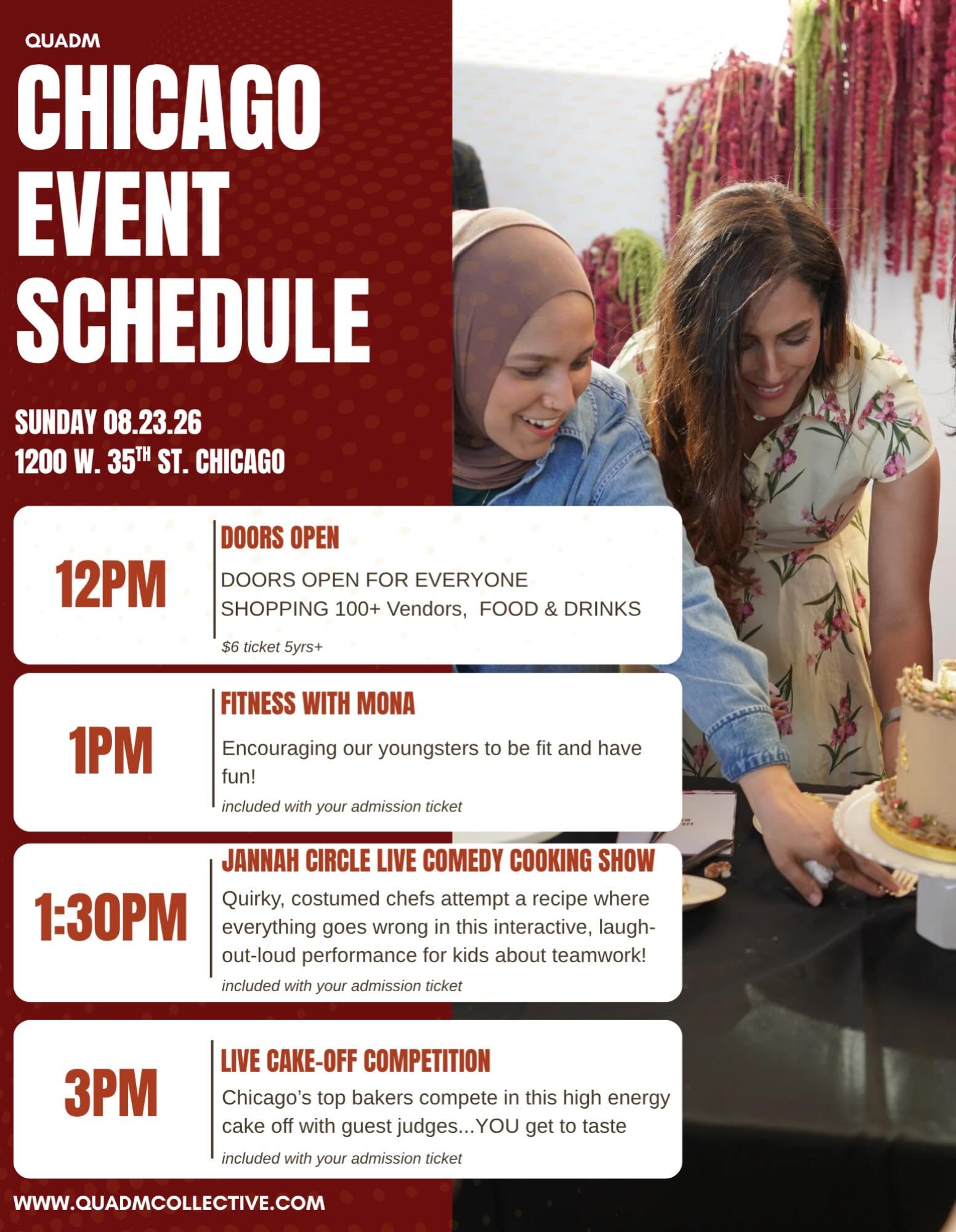 What you need to know for QUADM CHICAGO..

Sunday 08.23.24- just 2 weeks away!! 
1200 w. 35th st, Chicago
FREE PARKING 

Food + Drinks
100+ brands 
Fun program