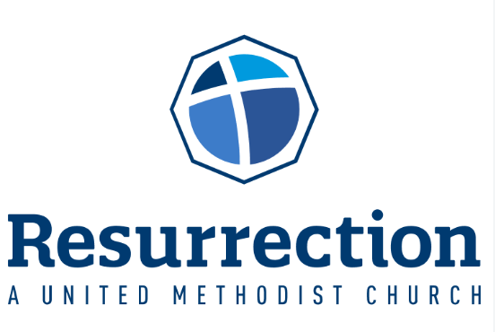 Logo of Resurrection United Methodist Church featuring a stylized blue shield with a cross and globe design.