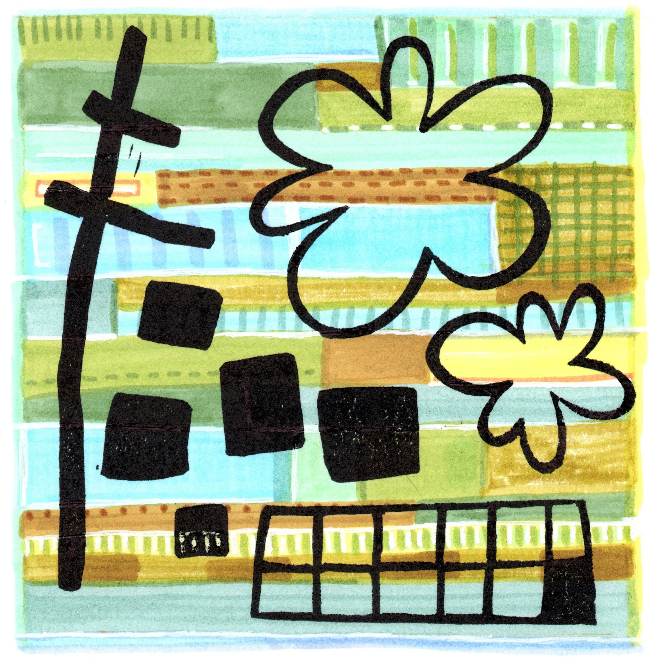 PIECES OF NOW - 7   |   linocut and ink markers   |   5" x 5"   |   SOLD