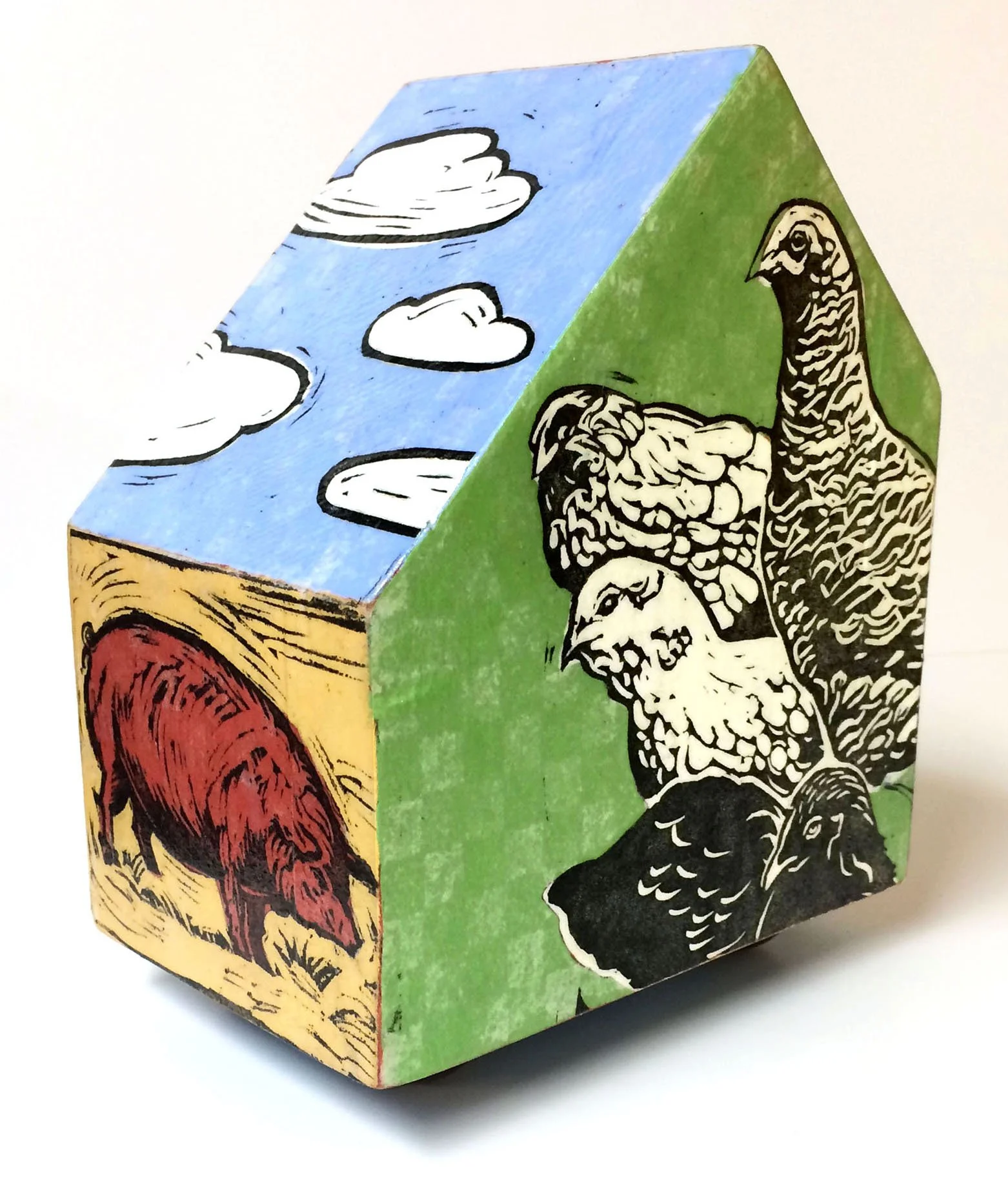 CHICKEN HOUSE   |   linocut collage, acrylic on wood   |   6" x 4" x 8"