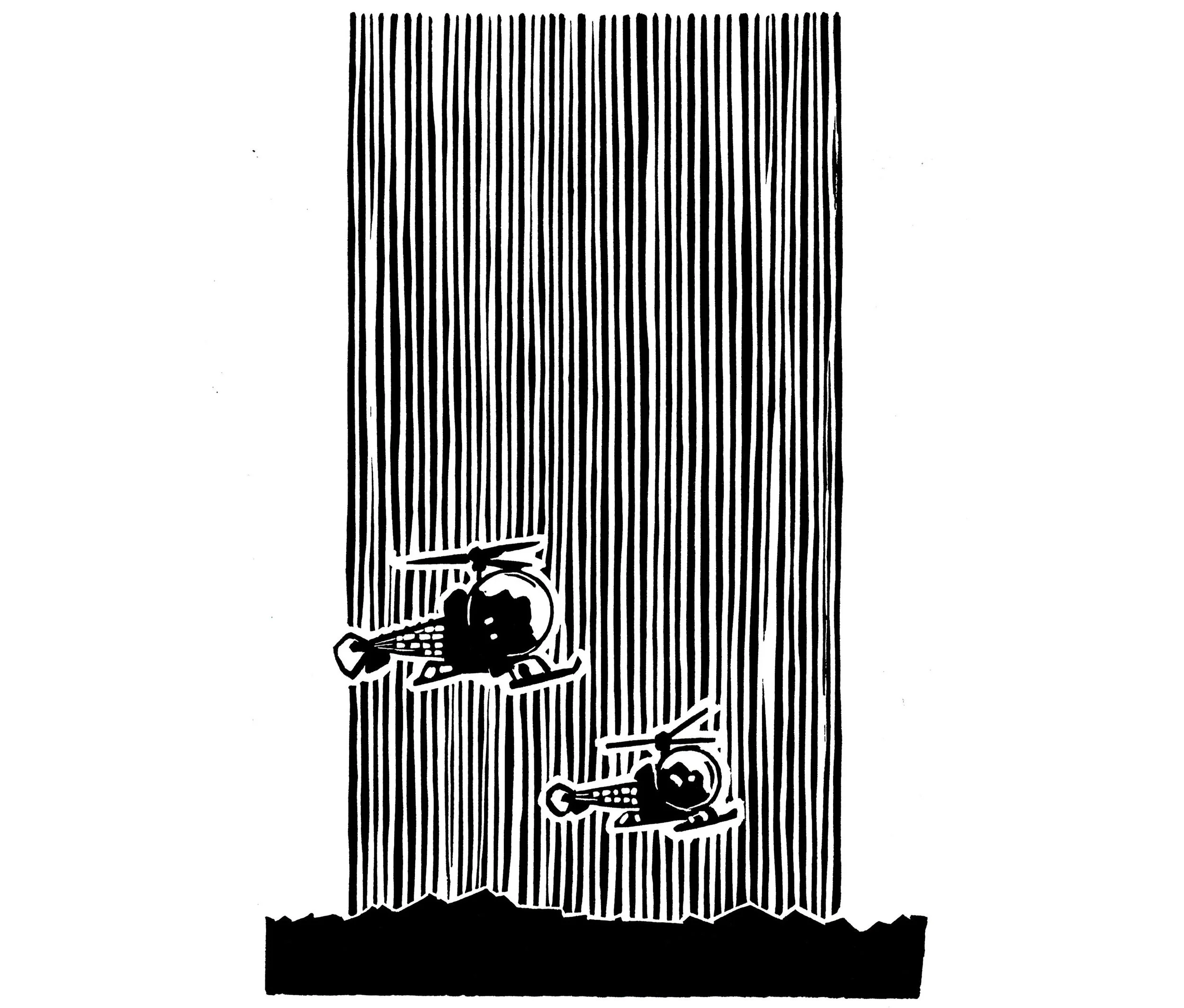 Helicopters in the Rain  |   Korean War Book (unpublished)   |   linocut