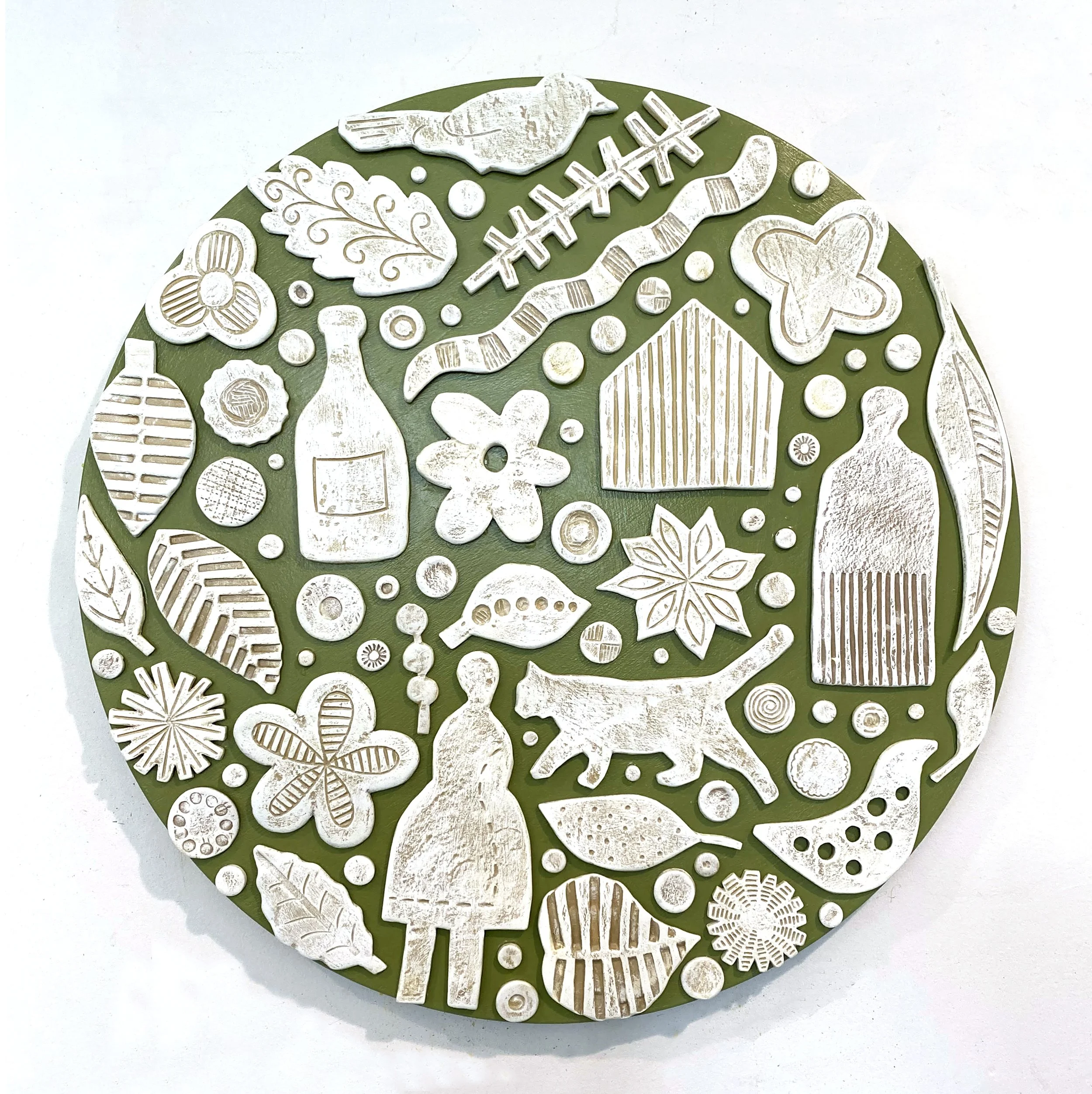 HERE WE ARE   |   paper clay & acrylic on wood   |   14" x 14" x 1"
