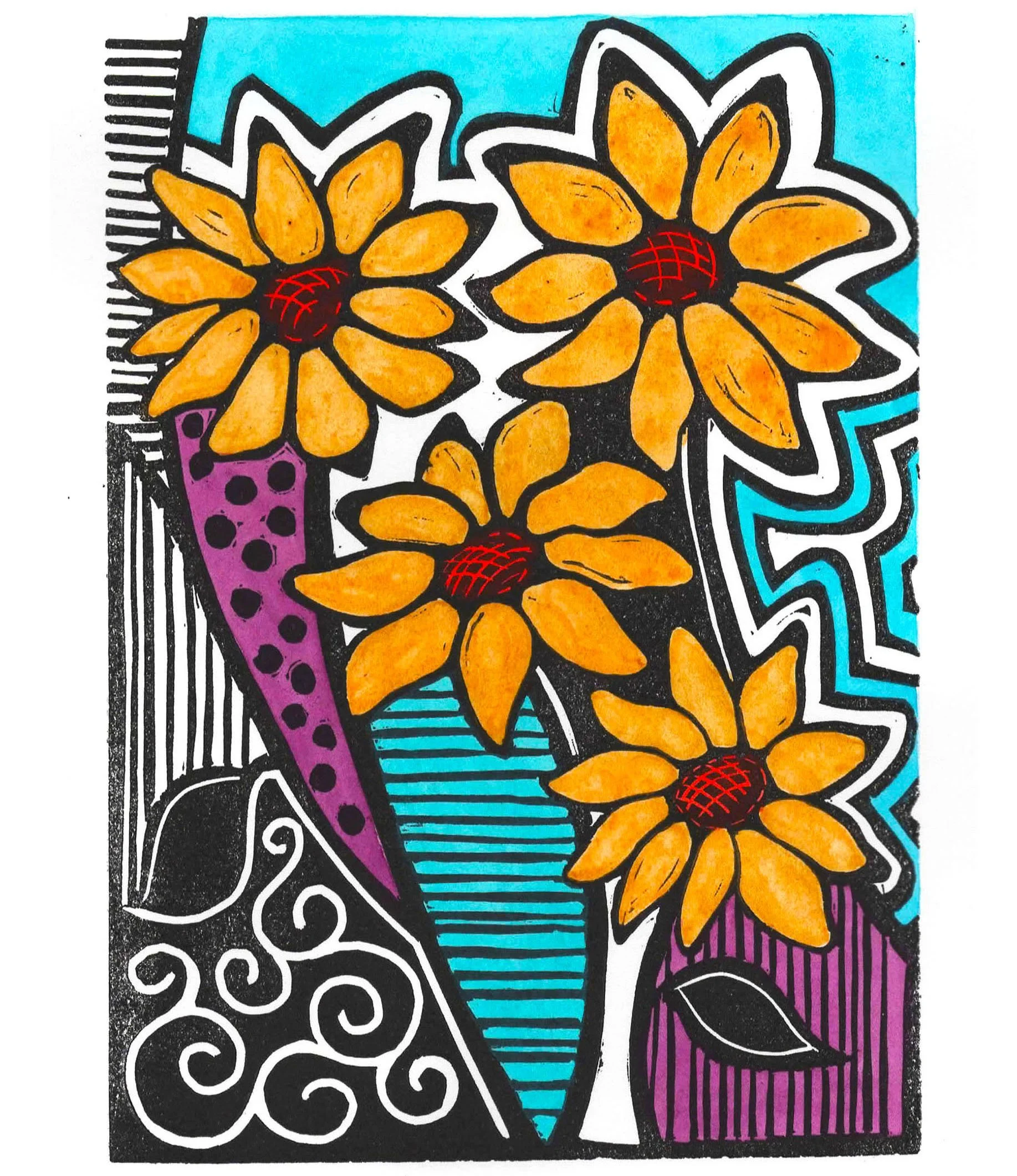 POP DAISIES   |   linocut with watercolor   |   7" x 5"