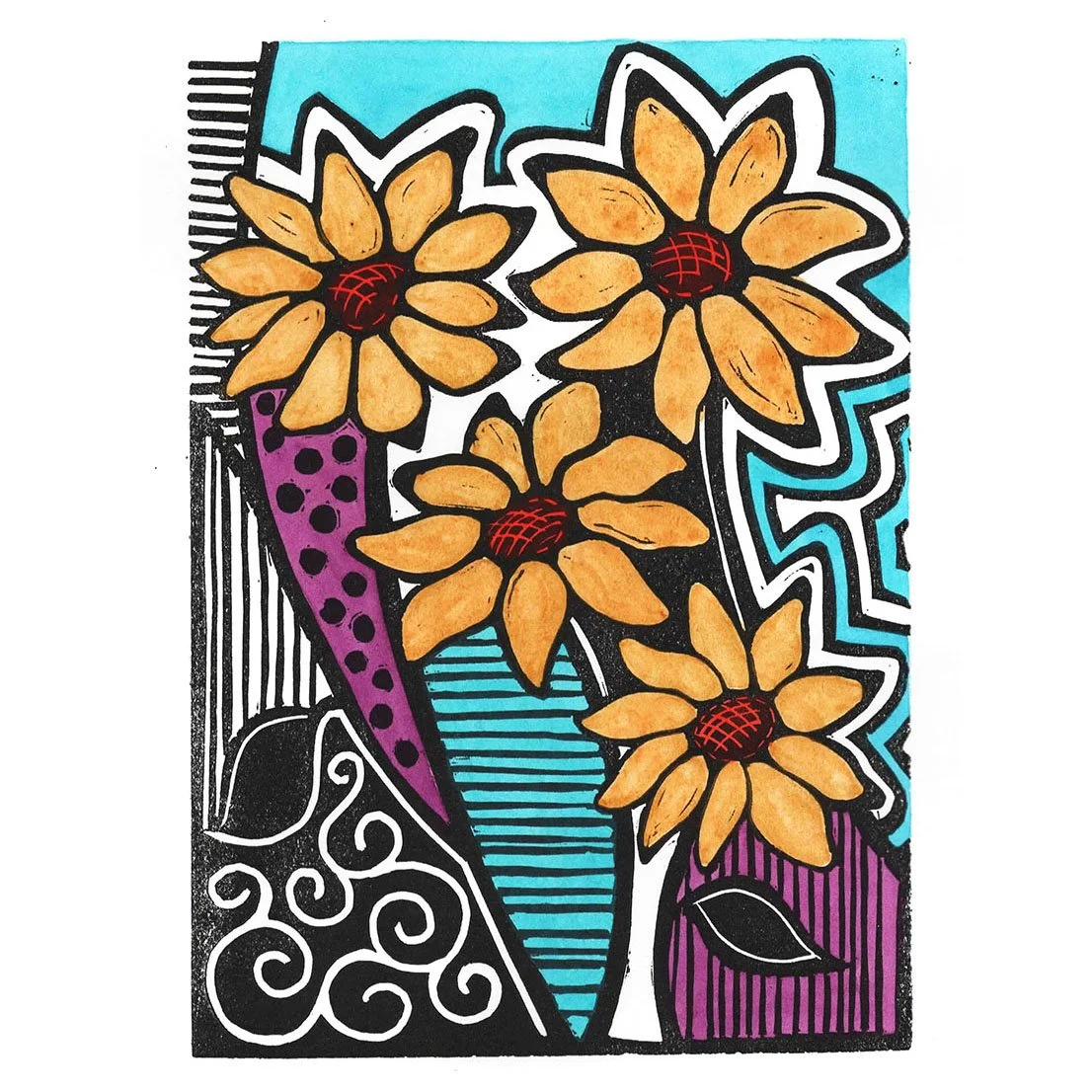 POP DAISIES   |   linocut with watercolor