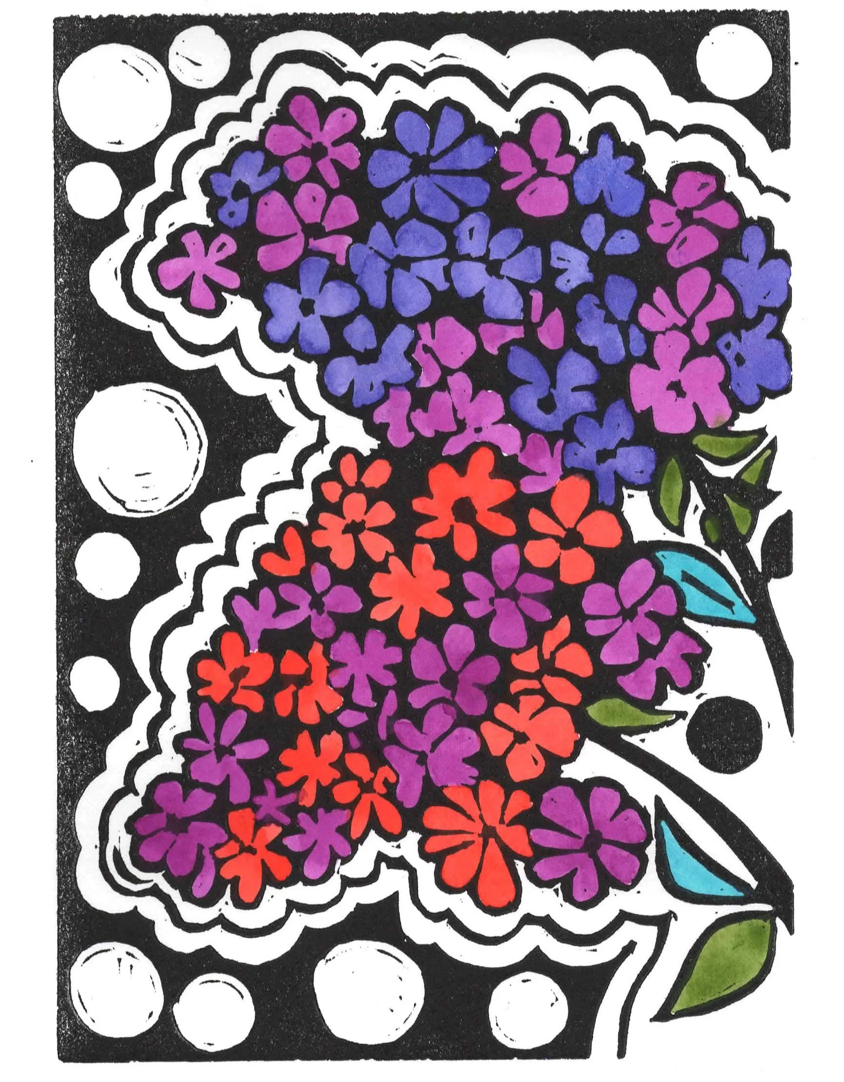 POP LILACS   |   linocut with watercolor   |   7" x 5"