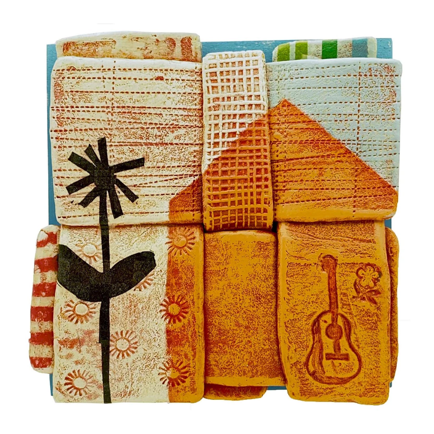 MUSIC BARN   |   paper clay with acrylic and collage   |   6" x 6" x 1.5"