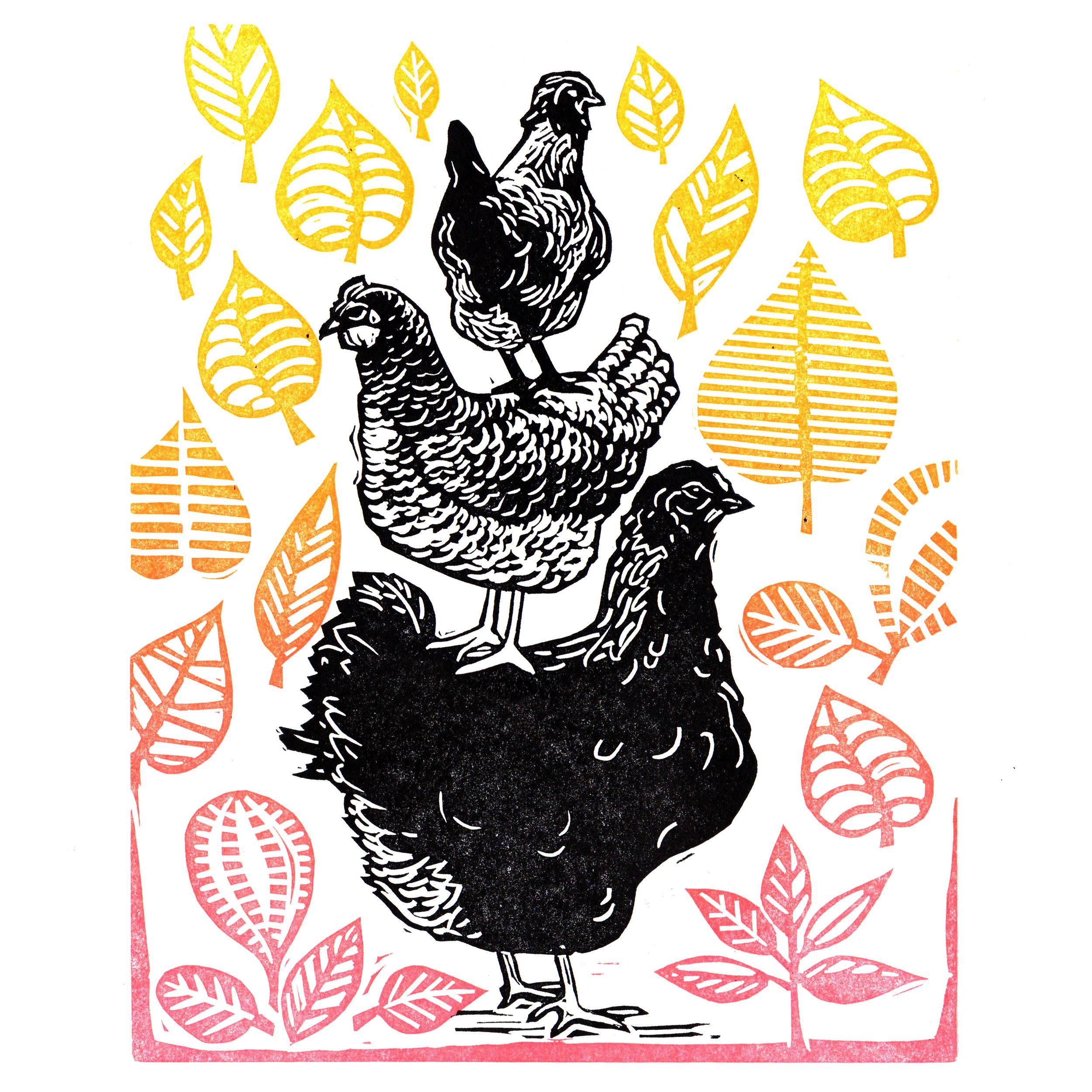 SARAH'S CHICKENS   |   linocut