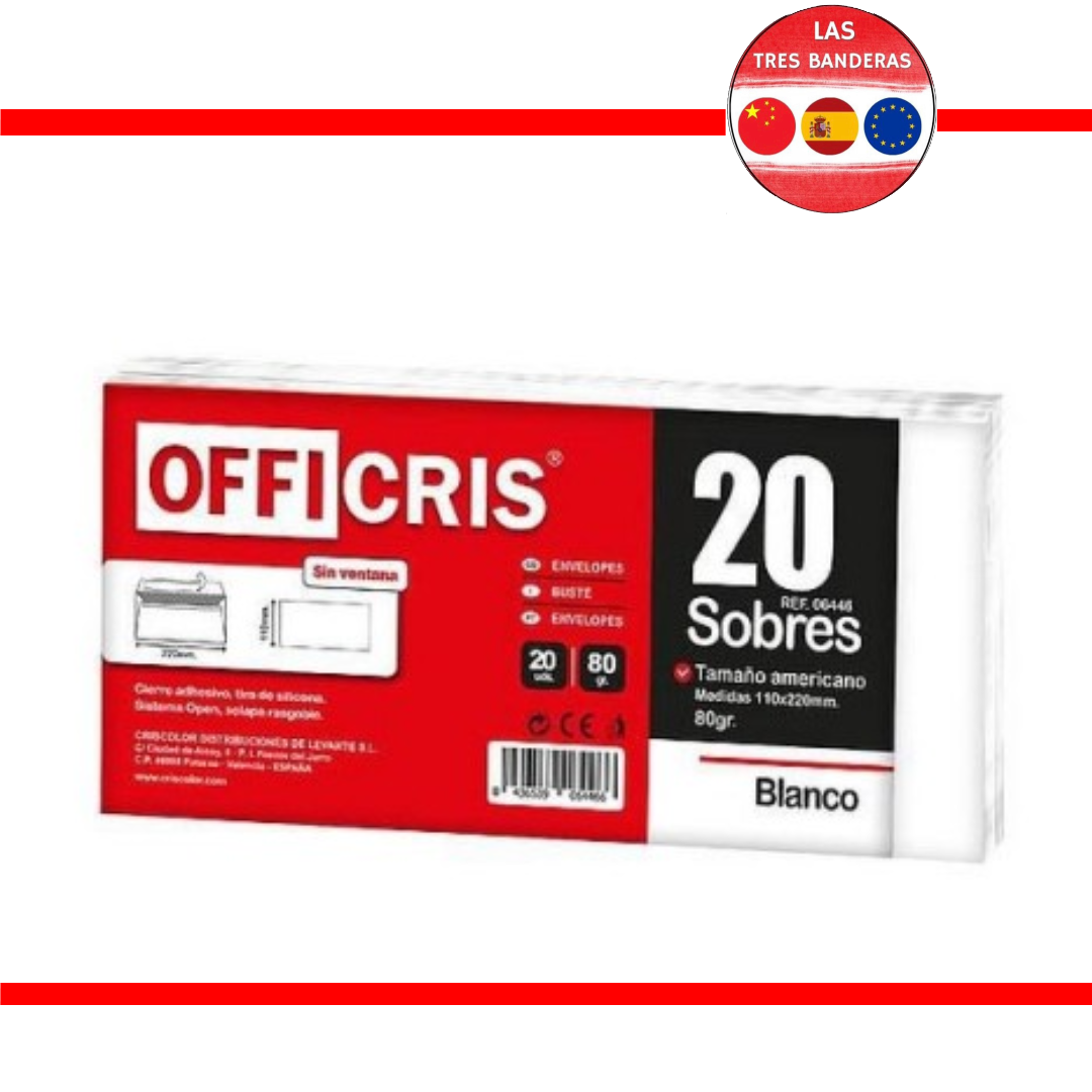 SOBRE AMERICANO 110X220MM BLANCO 20UDS.
