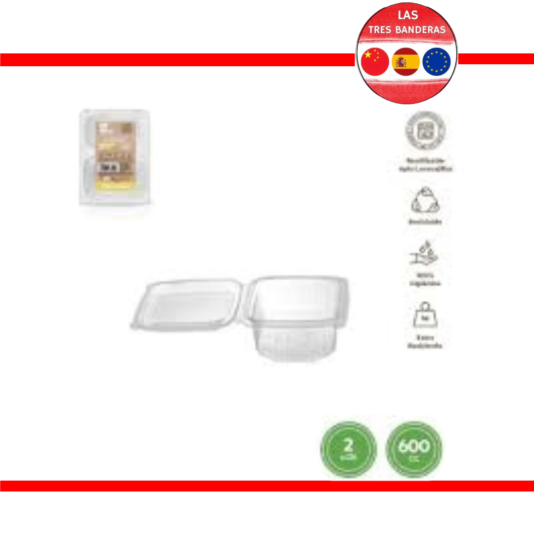 ENVASE BISAGRA RECTANGULAR REUTILIZABLE 600CC 2UDS