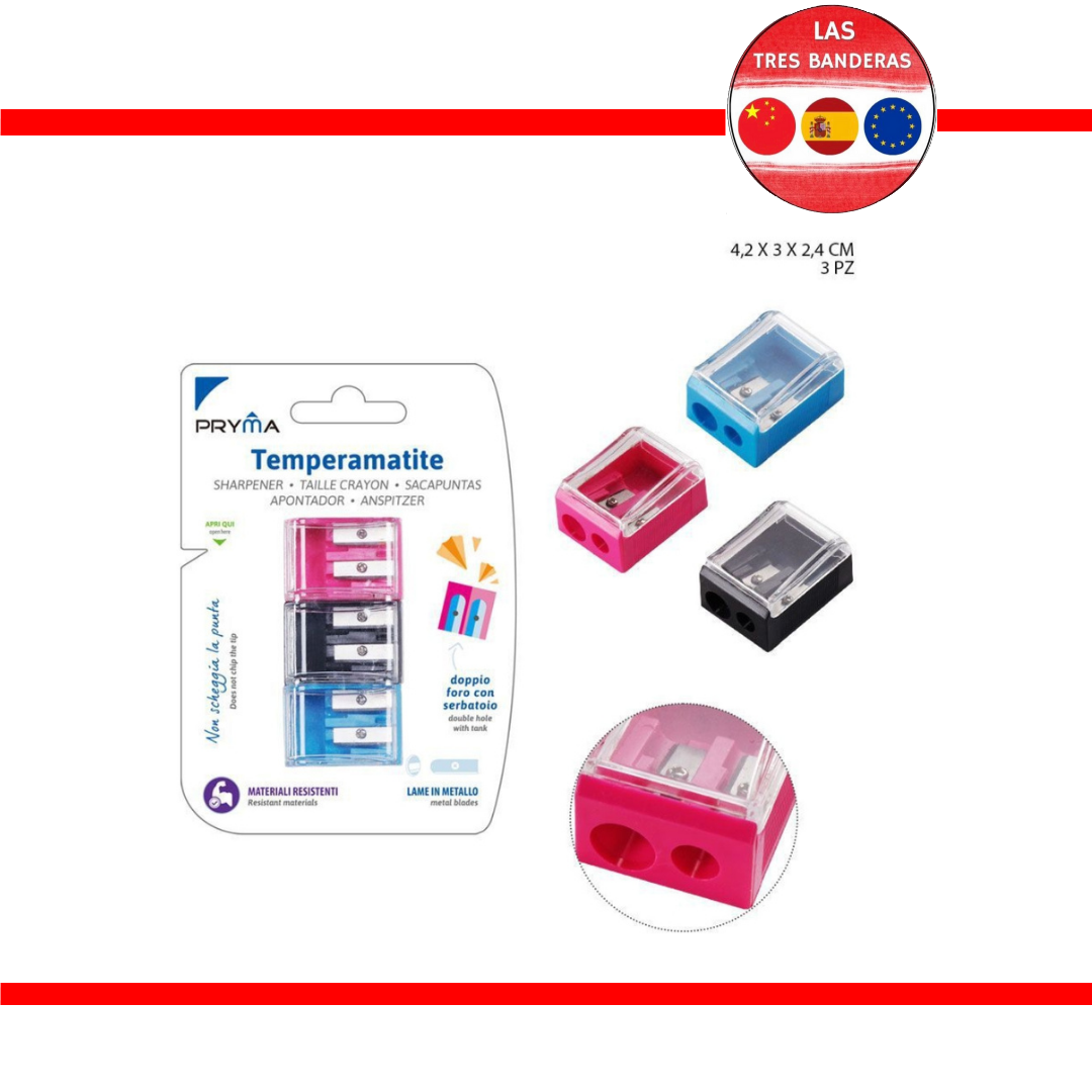 SACAPUNTAS DOBLE AGUJERO 42X30X24MM 3PZ