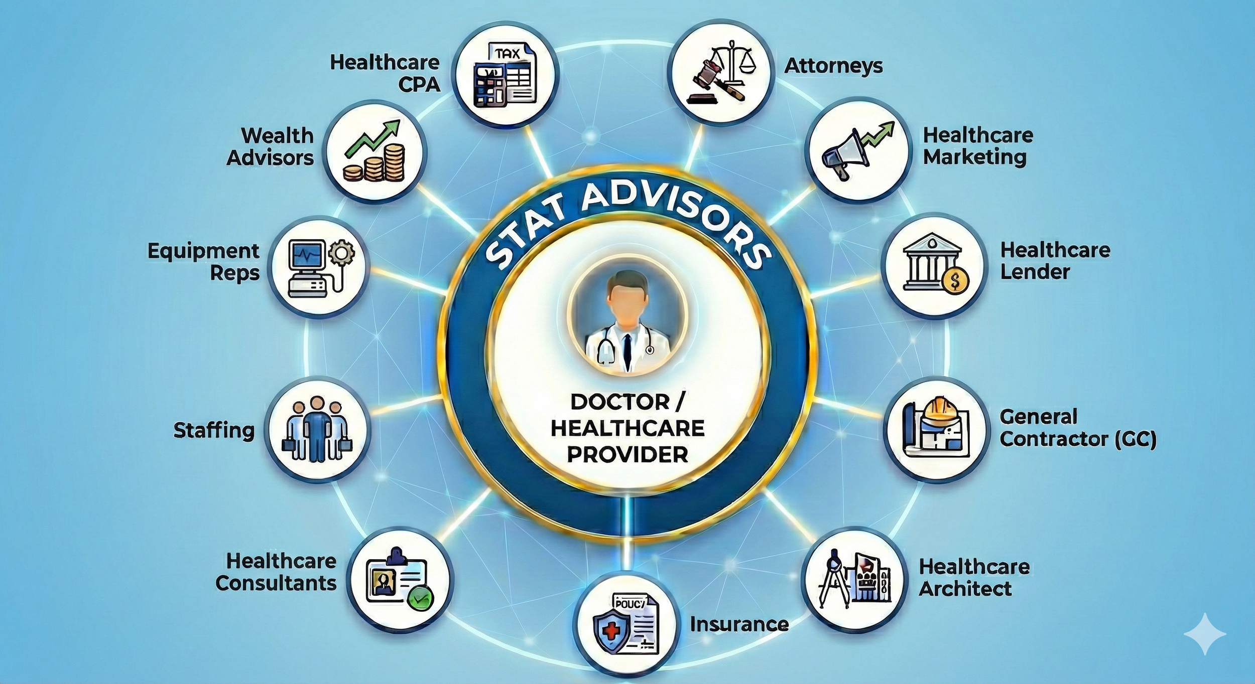 Doctor and healthcare providoer at the center of a bsiness ecosystem, STAT connects specialized services: Healthcare cpa, attoneys, healthcare marketing, helathcare lender, general contractor (GC), healthcare consultants, staffing, equipment reps,