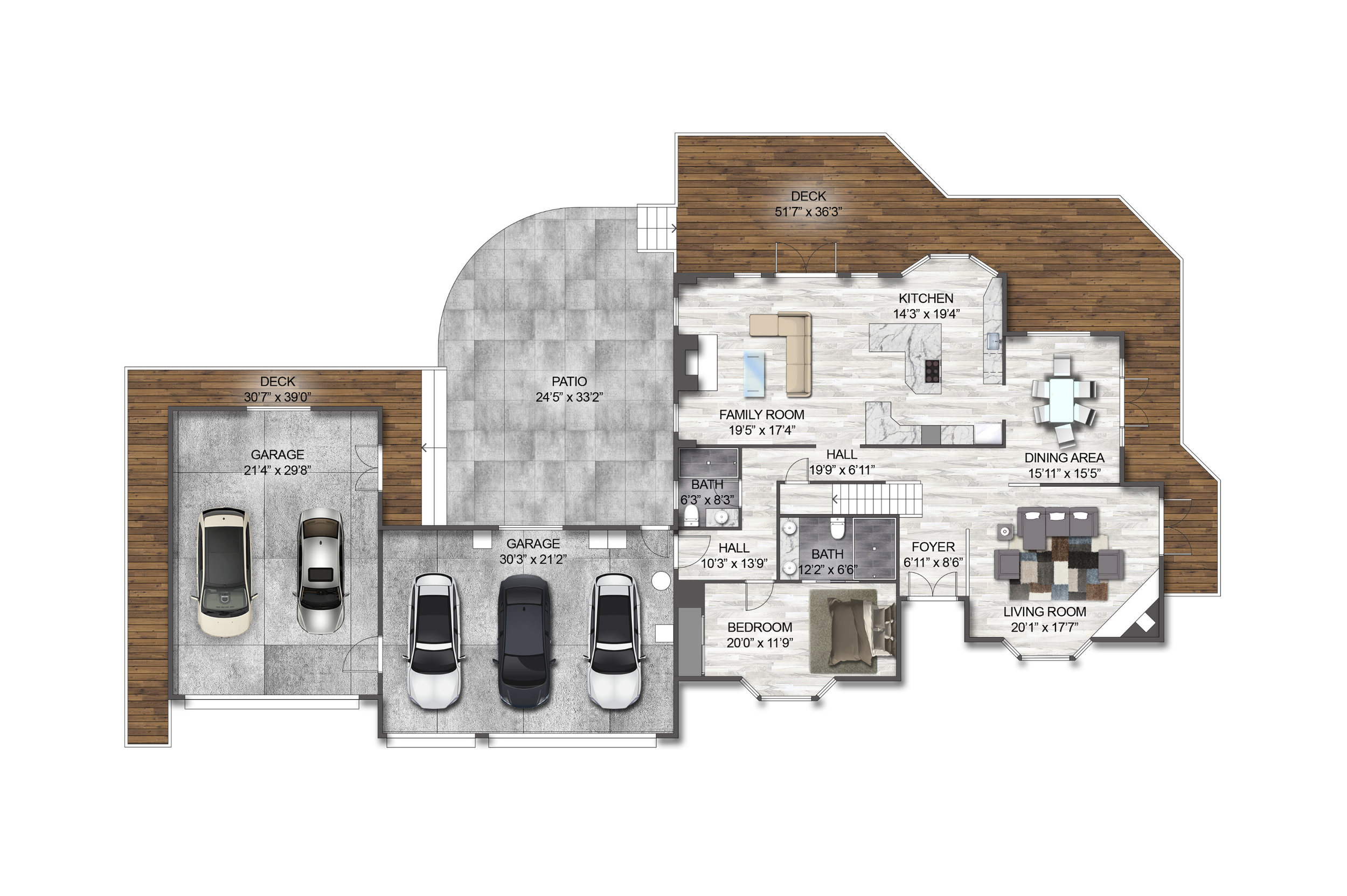 Floor plan of a house with garage, bedrooms, bathrooms, living areas, kitchen, dining area, family room, foyer, hallways, patio, and decks.