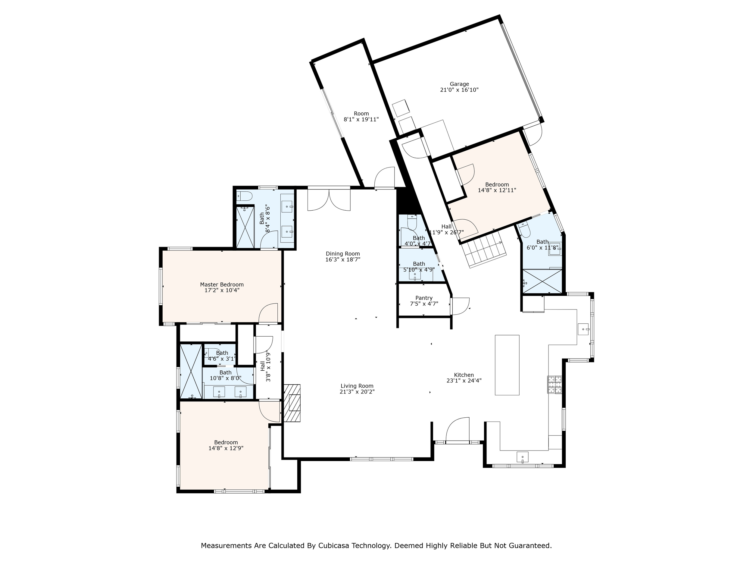 Floor plan of a house showing multiple bedrooms, bathrooms, a kitchen, living and dining rooms, a garage, and other spaces labeled with dimensions in Capitola, California.