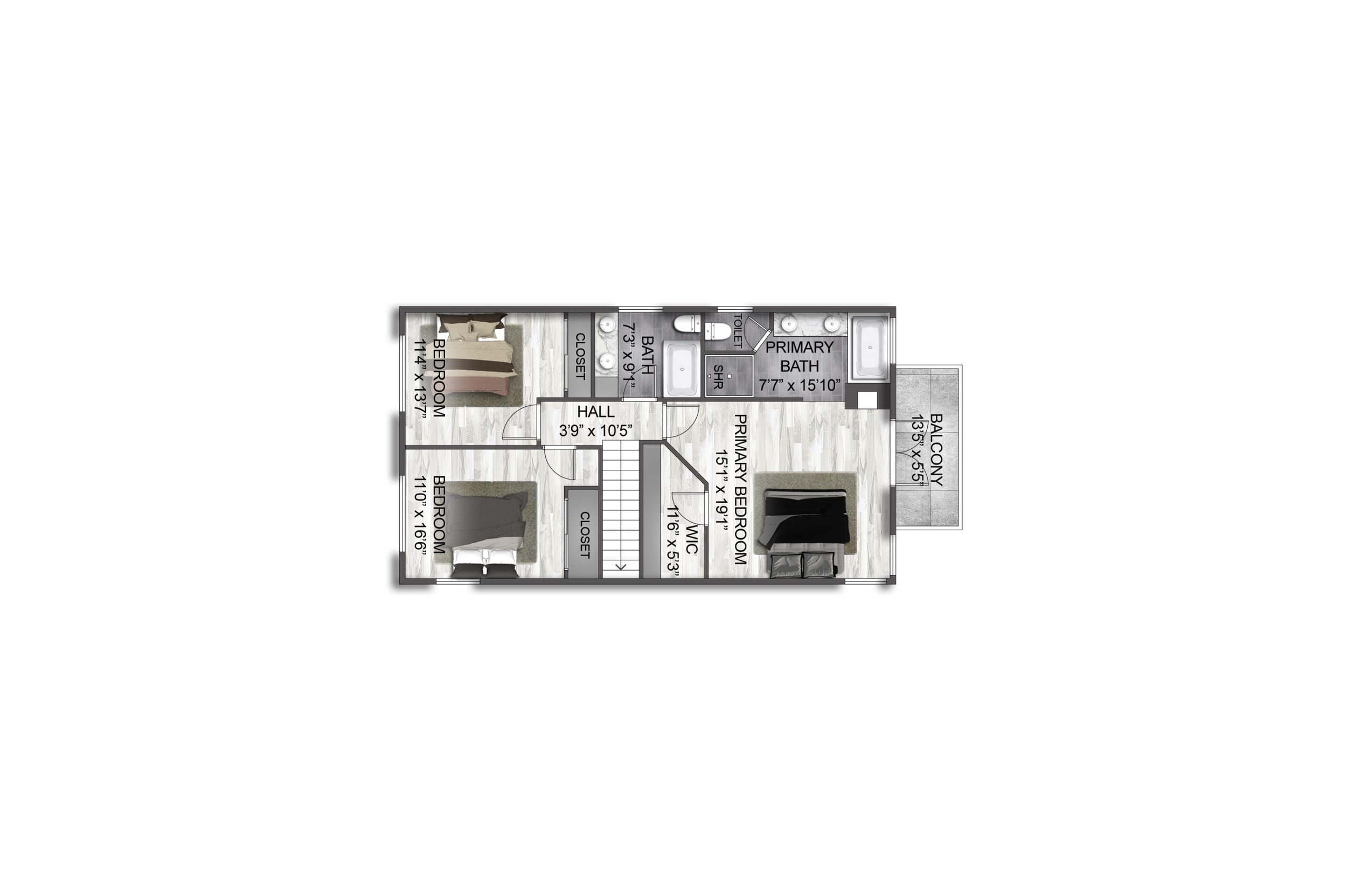 Floor plan of a residential upper level with three bedrooms, two bathrooms, a hall, closets, and a balcony.