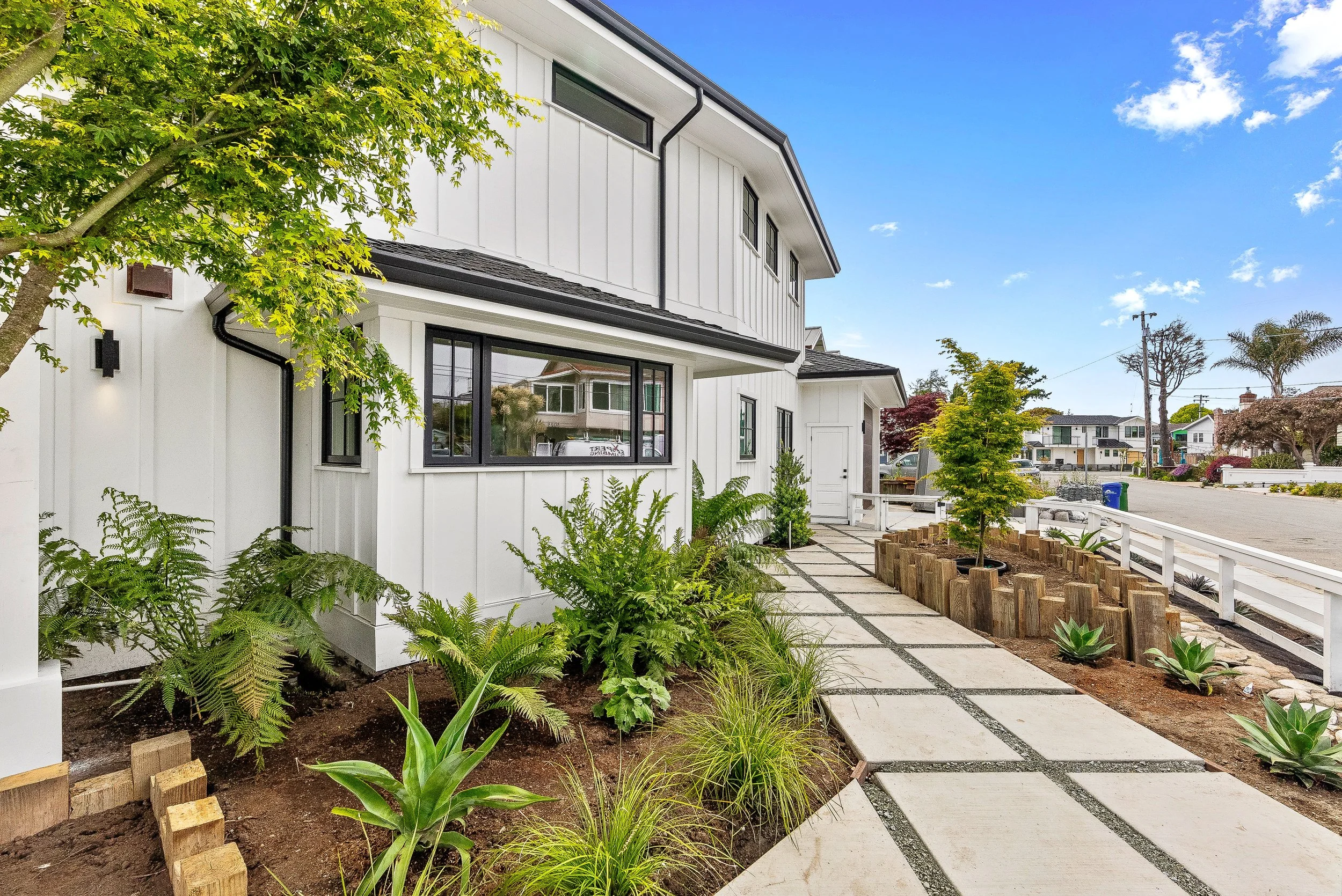 Modern white house with black window frames, landscaped front yard with ferns and succulents, concrete pathway, small trees, and a blue sky. in Capitola.