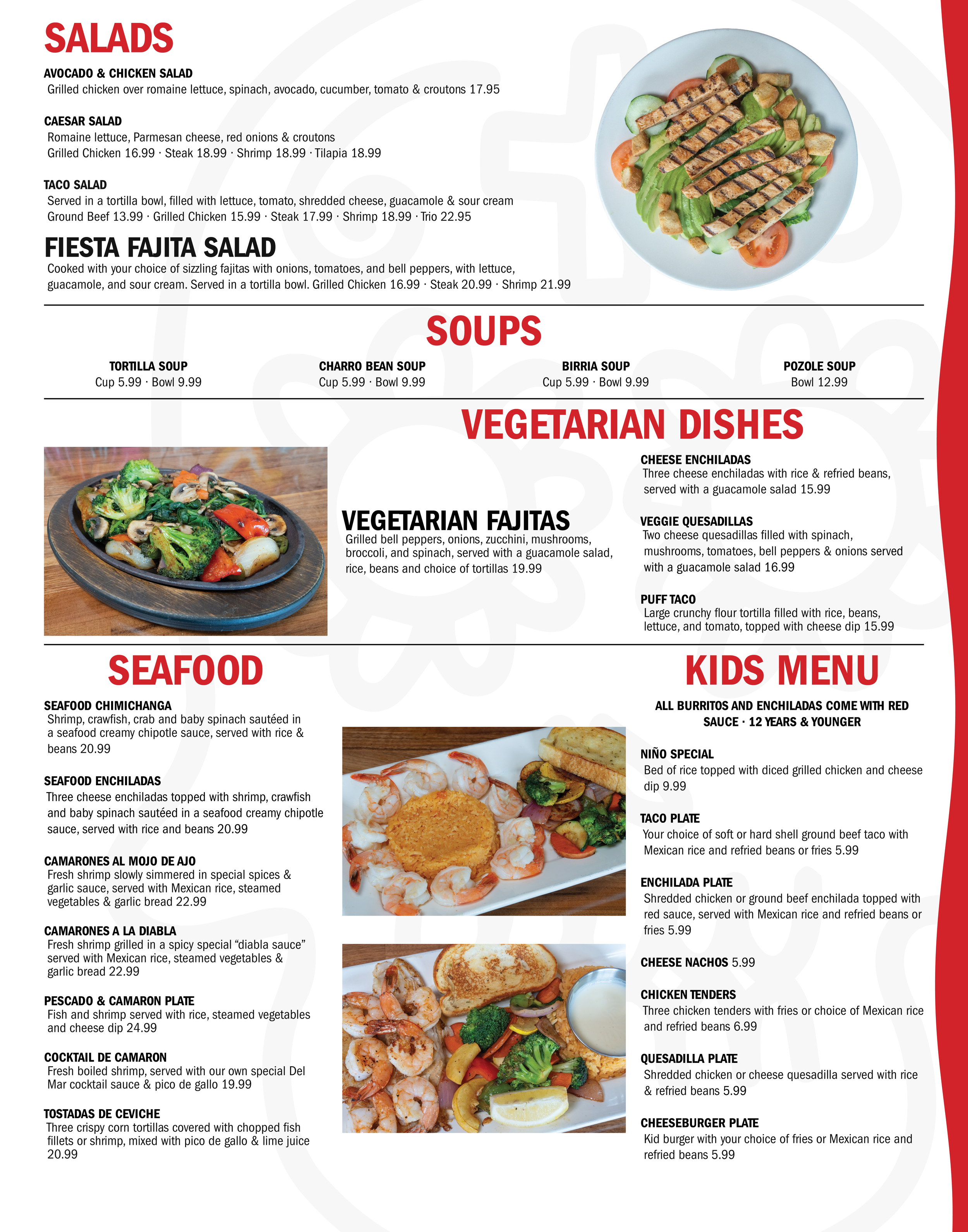 Menu featuring salads, soups, vegetarian dishes, seafood, and kids menu options. Includes images of a grilled chicken salad, shrimp and fried fish platter, and various Mexican-inspired dishes.