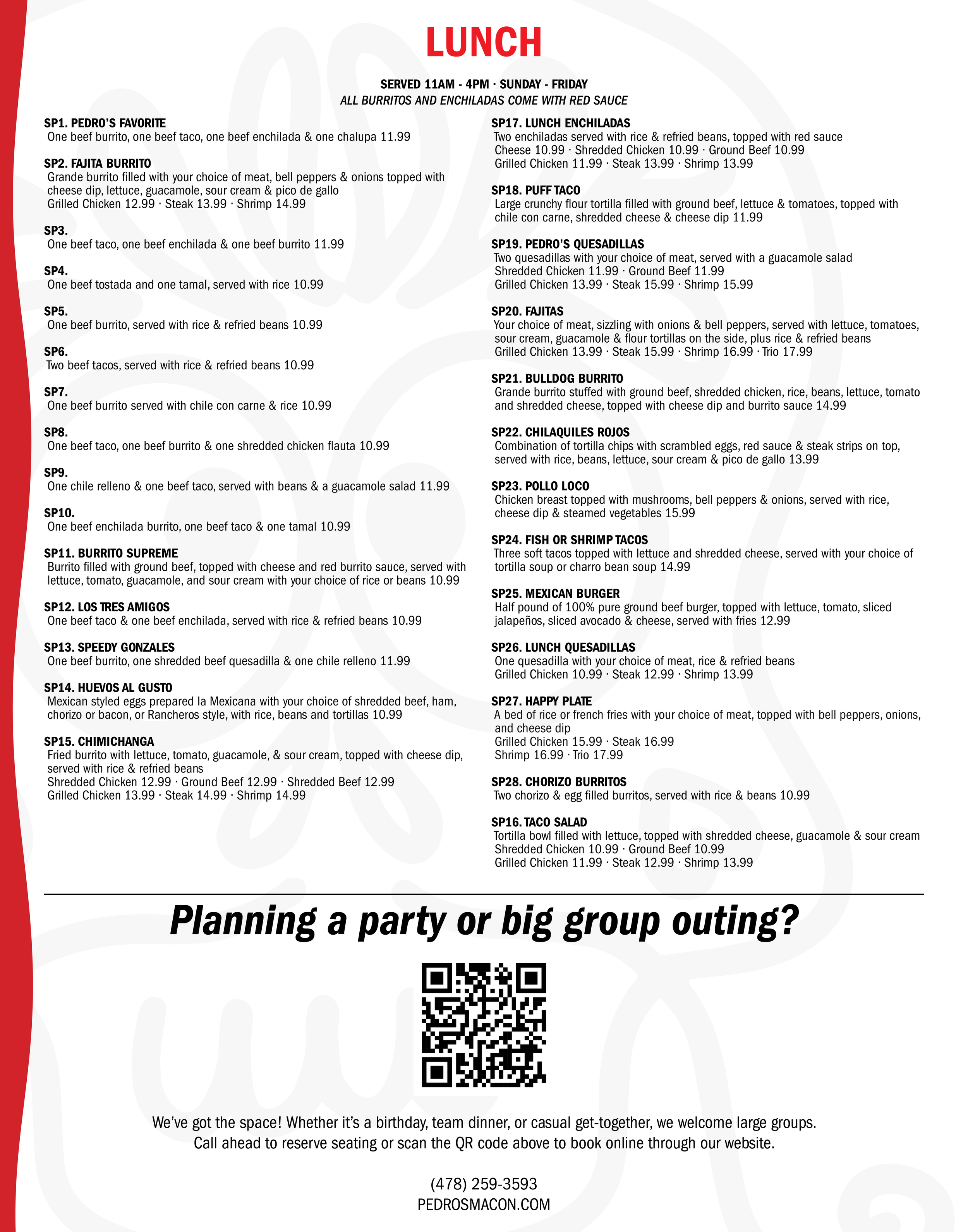 A restaurant lunch menu featuring various Mexican dishes like burritos, tacos, enchiladas, quesadillas, and more with prices and descriptions.