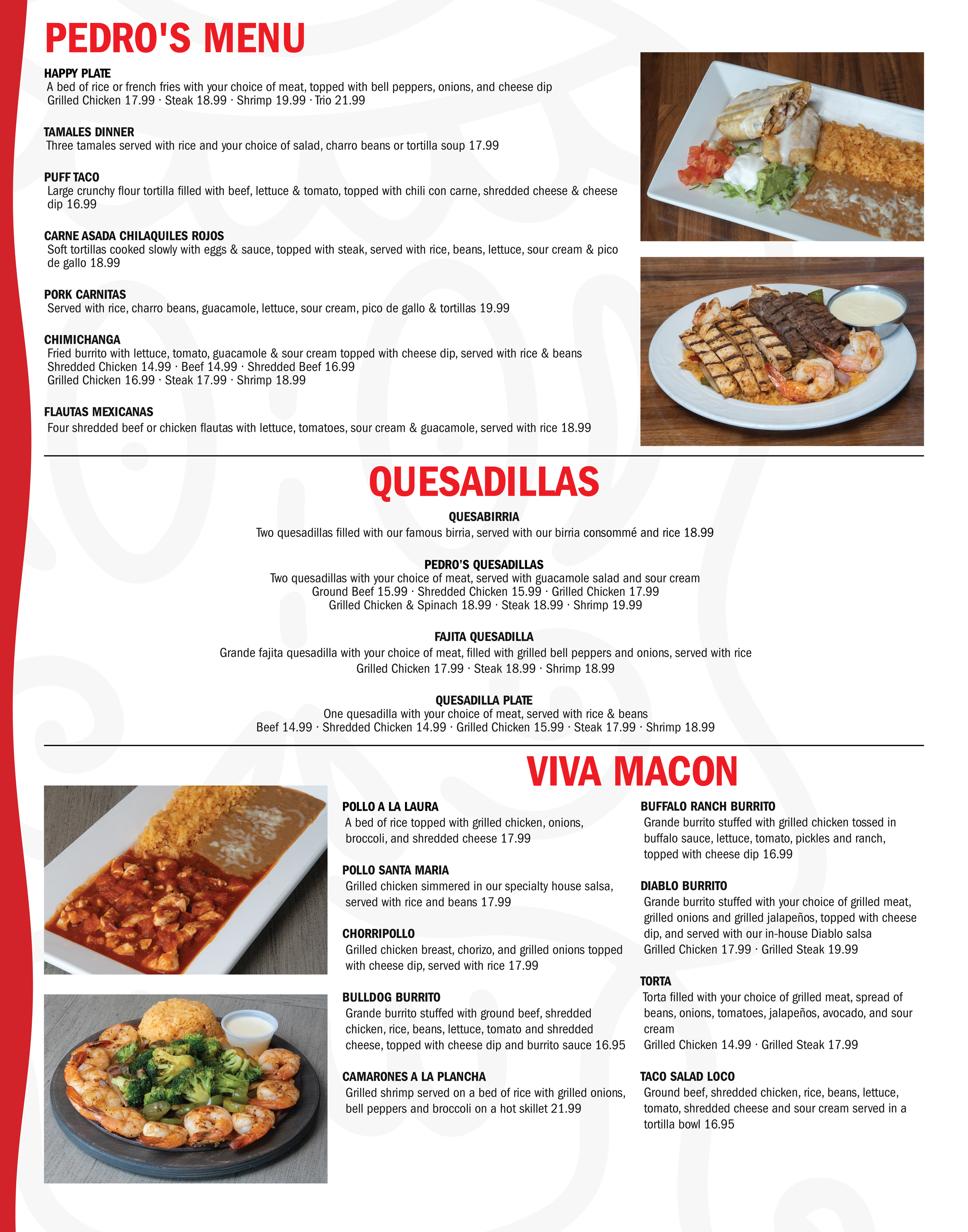Pedro's menu featuring sections for main dishes, quesadillas, and Mexican-style dishes with images of rice, chicken, and shrimp plates.
