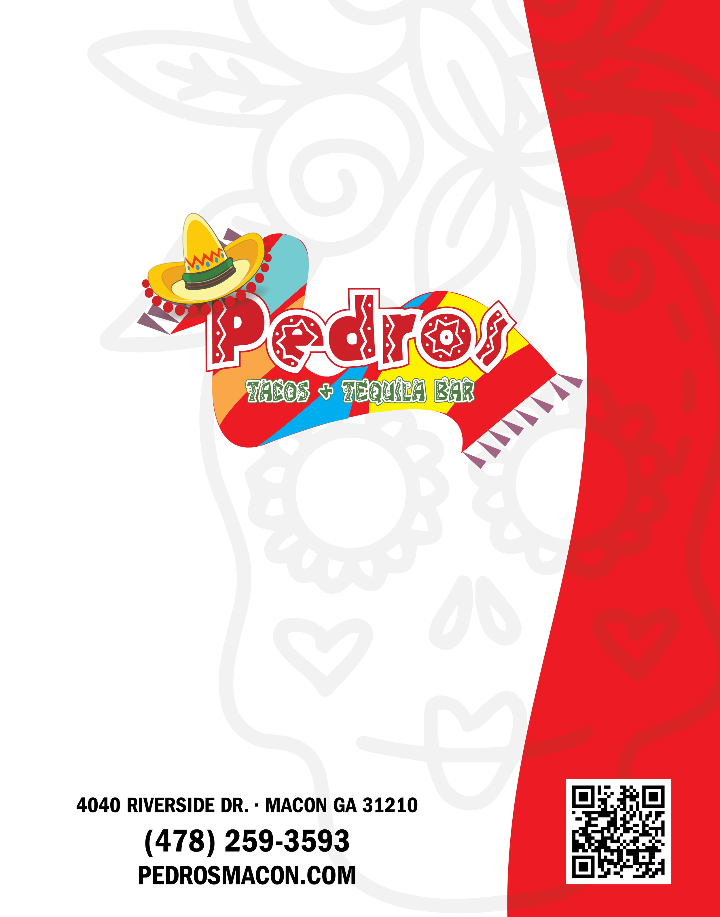 Flyer for Pedro's Tacos and Tequila Bar with a colorful background, sombrero, and contact information.