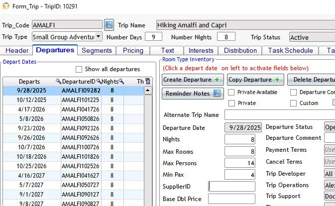 Travel booking system screen showing departure details for a hiking trip to Amalfi and Capri, scheduled from September 28, 2025, for 9 days and 8 nights, with multiple departure dates listed.