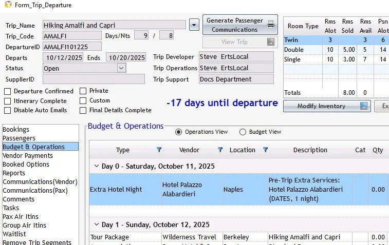 Travel booking interface with details for a hiking trip to Amalfi and Capri. Shows departure date, trip duration, passenger info, room types, and a budget and operations section for October 11-12, 2025, including hotel and excursion details.
