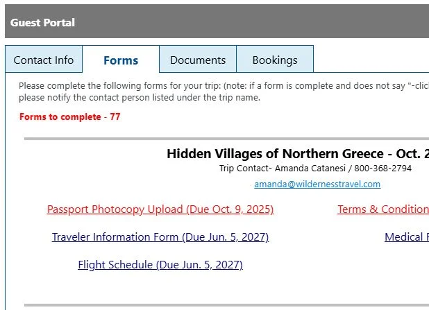 Screenshot of a guest portal webpage for Hidden Villages of Northern Greece. It includes tabs for Contact Info, Forms, Documents, and Bookings. The Forms tab is selected, showing links to various forms: Passport Photocopy Upload, Traveler Information Form, and Flight Schedule, along with their respective due dates and contact information.