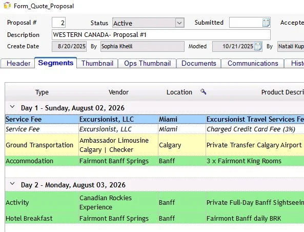A detailed itinerary plan for a trip to Western Canada, including service fees in Miami and Calgary, ground transportation, accommodation at Fairmont Banff Springs, and activities in Banff with specific dates.