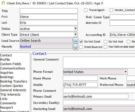 Screen capture of a client profile data entry form showing contact details, status, client type, source, and marketing email, with dropdown options and text fields.