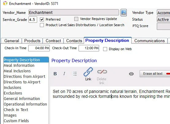 Screenshot of a vendor record showing details for a property named Enchantment, including vendor info, service grade, status, and a description about a 70-acre property with panoramic terrain surrounded by red-rock formations.