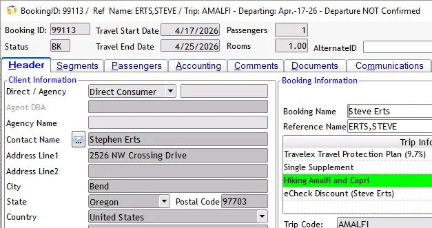 Screenshot of a travel booking or reservation system with details for a trip.
