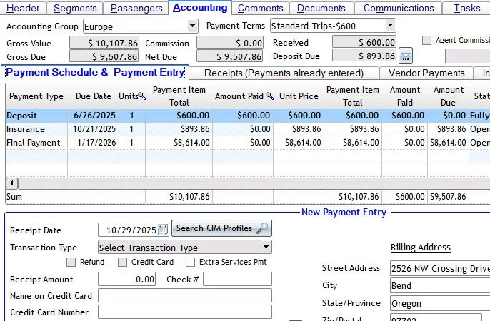 Screenshot of an accounting software interface showing payment schedule and entry details for a booking, including deposit, insurance, and final payment, with billing address and transaction information.