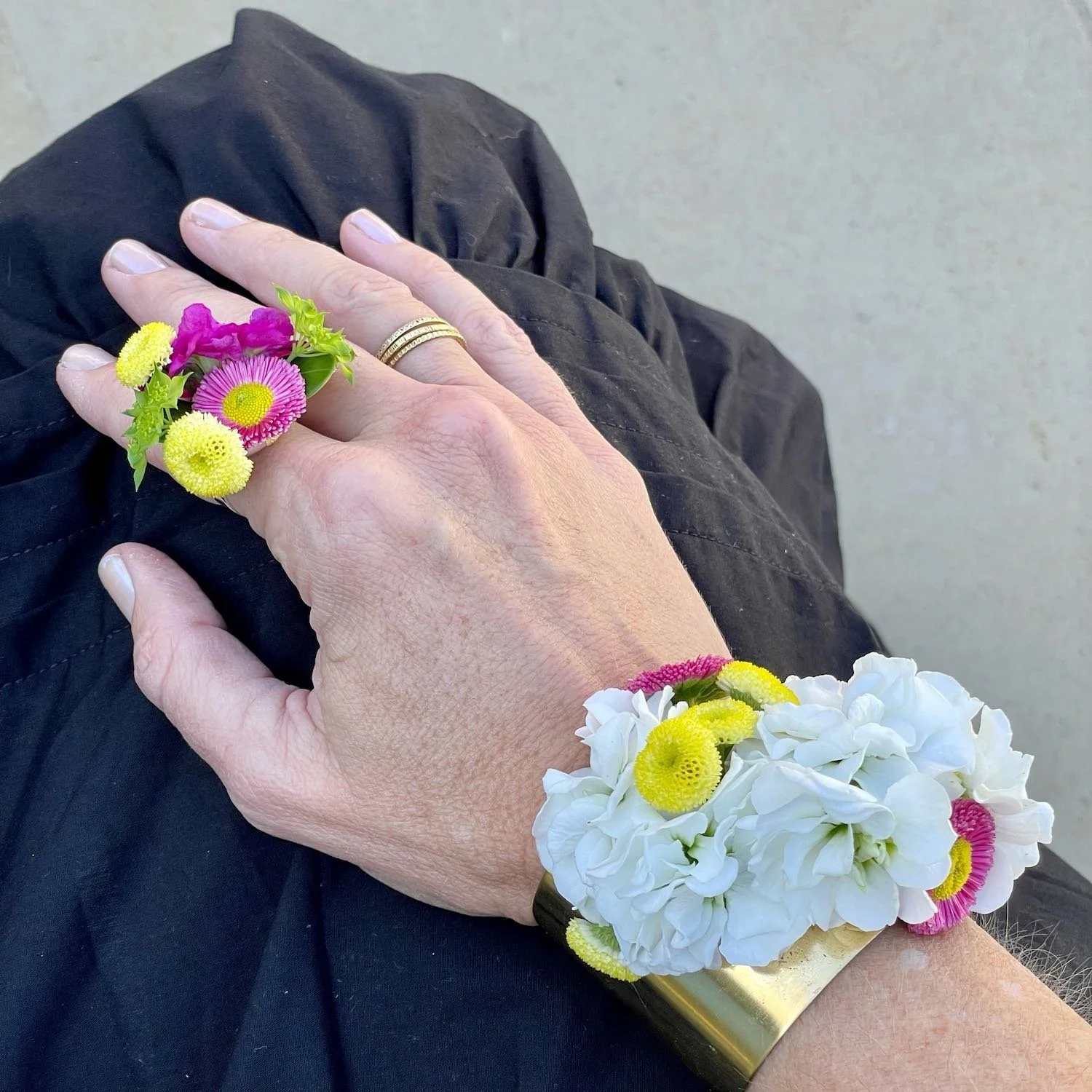 English Daisy Ring & Cuff. We paired the sweet English Daisies with stock from the garden; pink for the ring and white for the cuff.