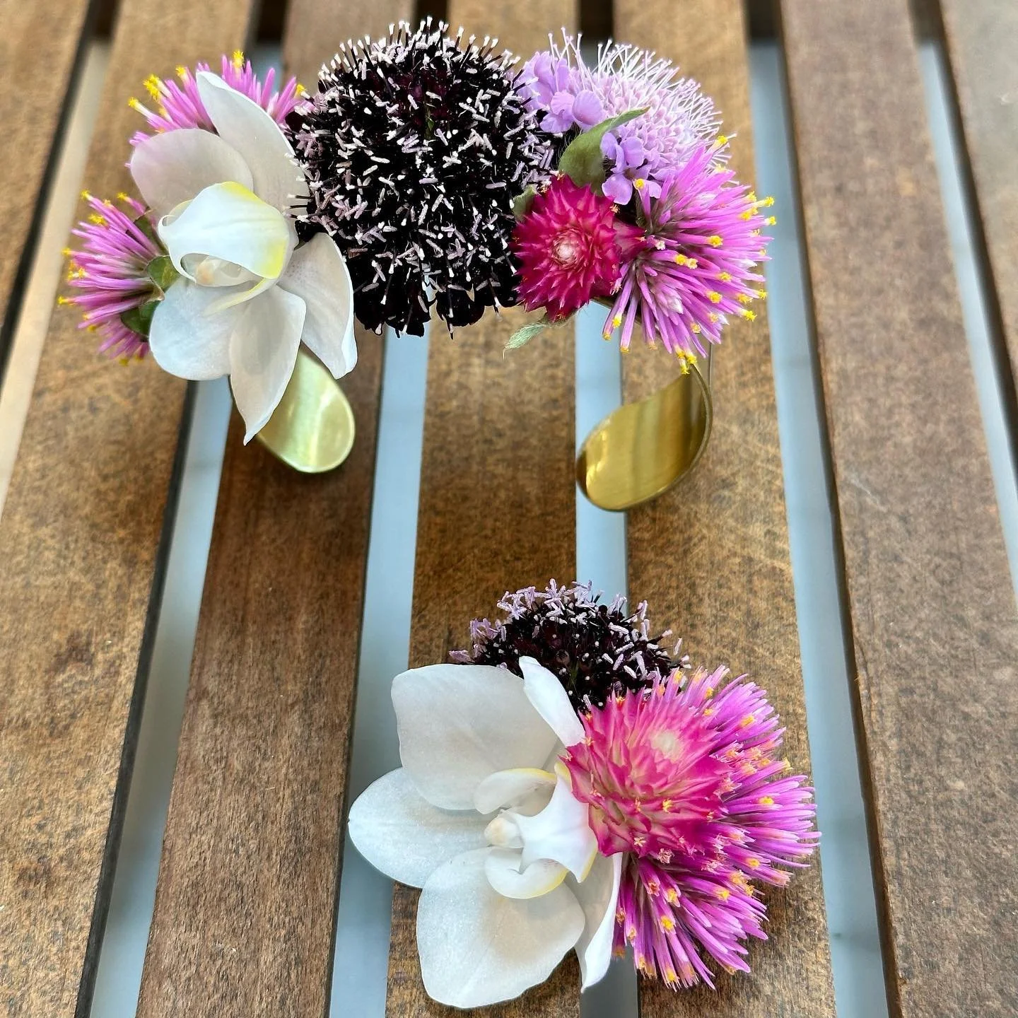 Scabiosa Matched Set with dark plum scabiosa, white orchid, and two varieties of pink gomphrena.