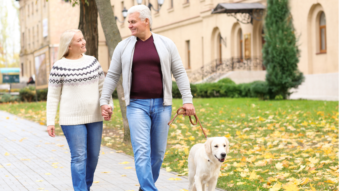 Man and Woman walking dog with text overlay saying  You don't have to just put up with it.