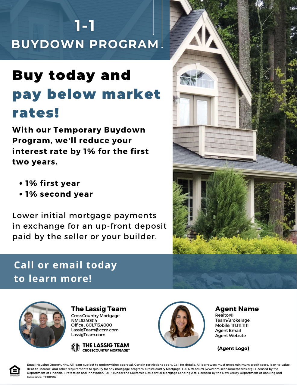 Advertisement for a 1-1 buydown program showing a house with a front porch and balcony, promoting reduced interest rates for the first two years of a mortgage.