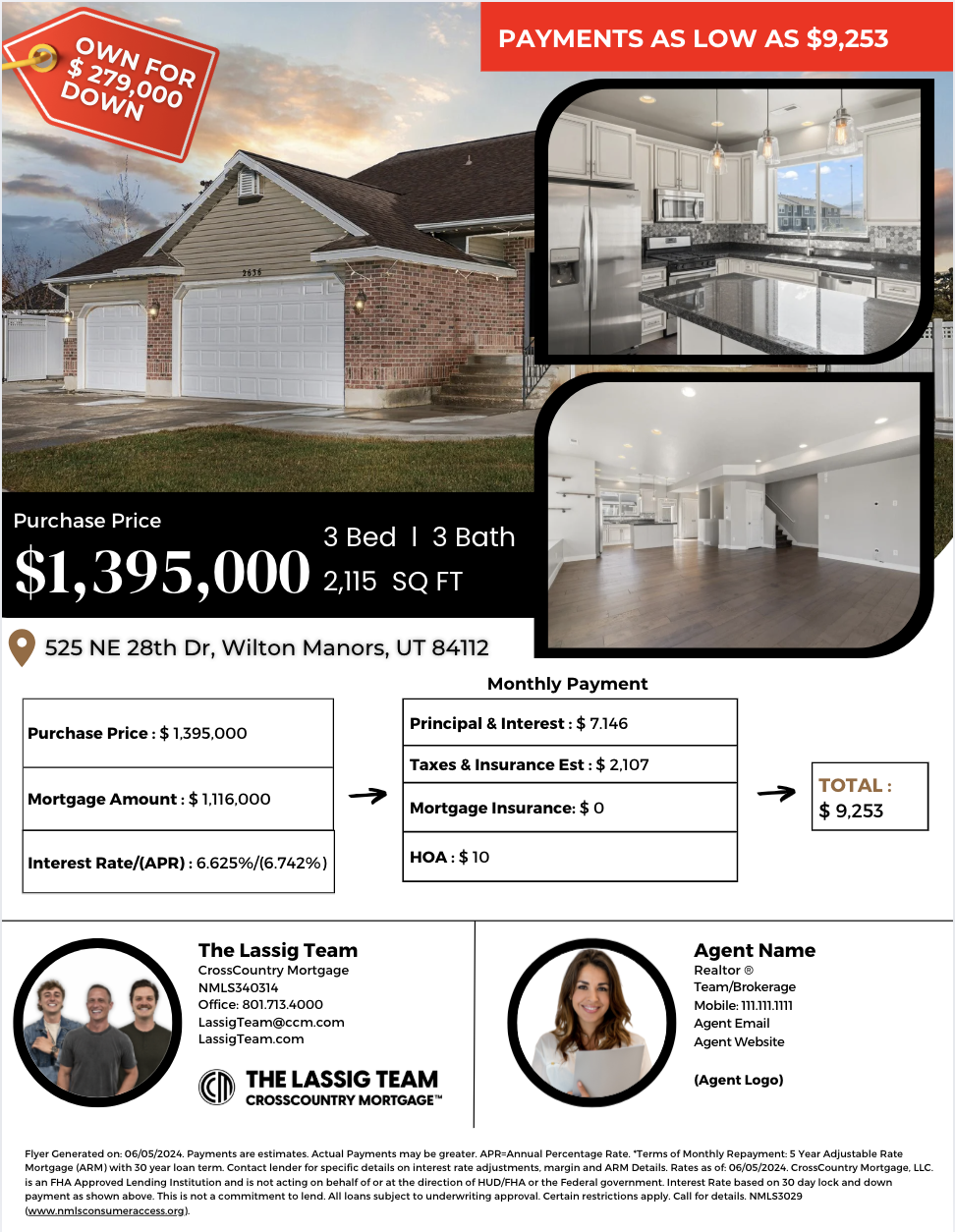 Real estate flyer for a house in Utah. Includes images of the exterior of the house and interior kitchen and living room. Features price, mortgage info, and contact details of the real estate agent and team.