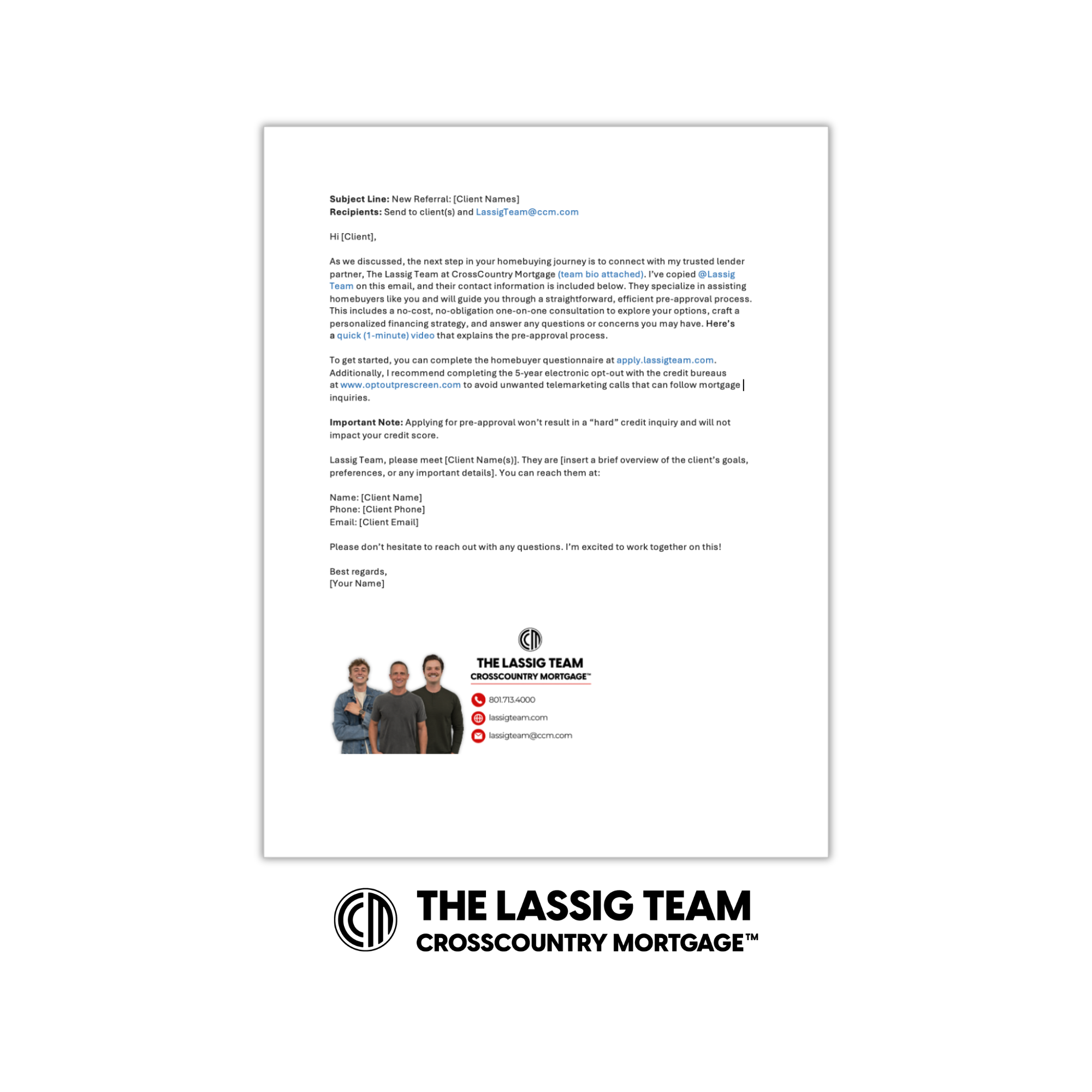 Email referral template for a The Lassig Team at CrossCountry Mortgage with a team photo at the bottom left, and contact information including phone number, website, and email below the photo.