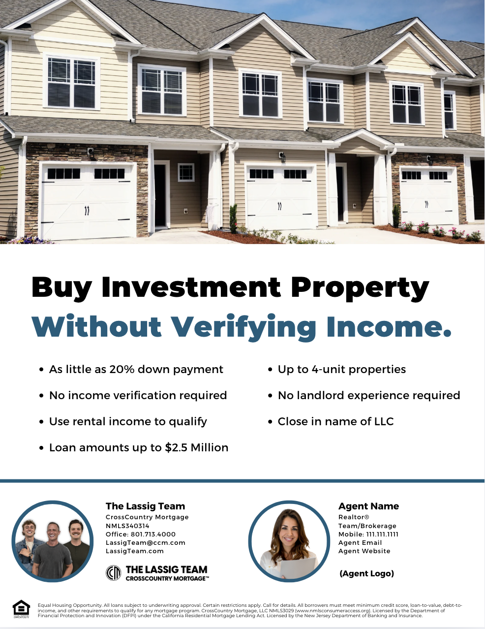 Photo of a row of modern beige townhouses with white garage doors, small front porches, and landscaped yards on a flyer titled "Buy Investment Property Without Verifying Income".