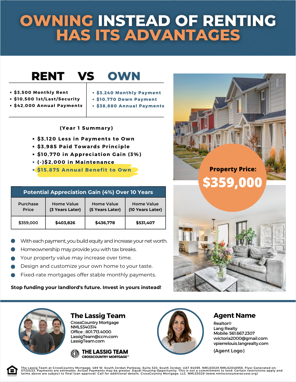 Flyer comparing renting versus owning a home, highlighting benefits of ownership such as lower monthly payments and property appreciation, with images of houses and interior living space, and contact information for real estate agents.