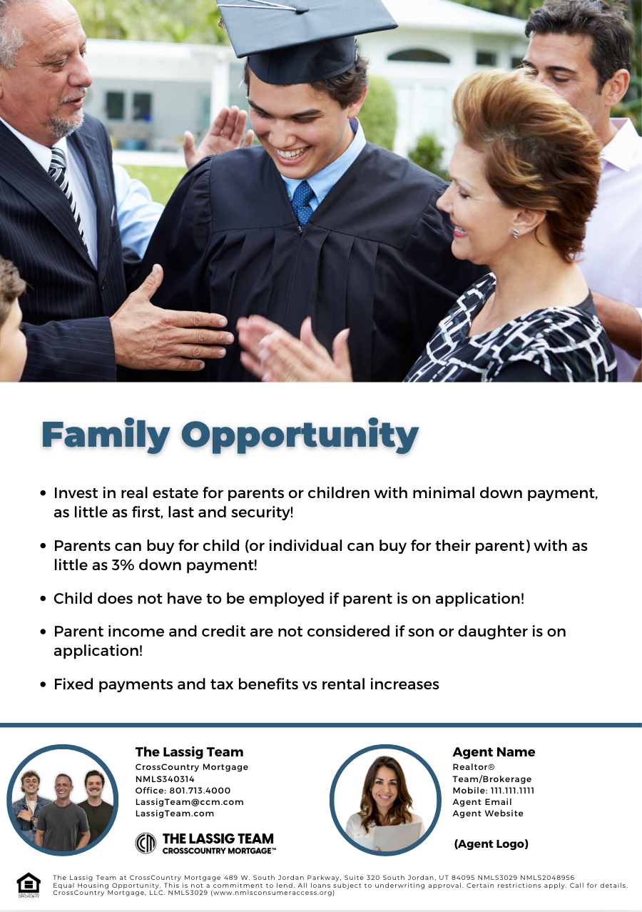 Happy graduate in cap and gown being congratulated by family outdoors on a flyer discussing the opportunities to joint venture on a property.