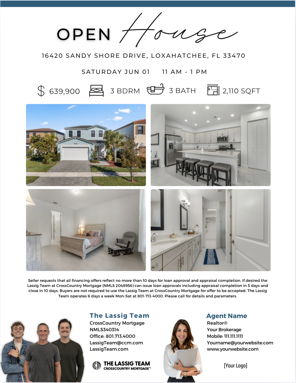 Real estate flyer featuring a house and interior images of a kitchen, bedroom, and bathroom. The flyer includes property details, price, date, and contact information for the Lassig Team.