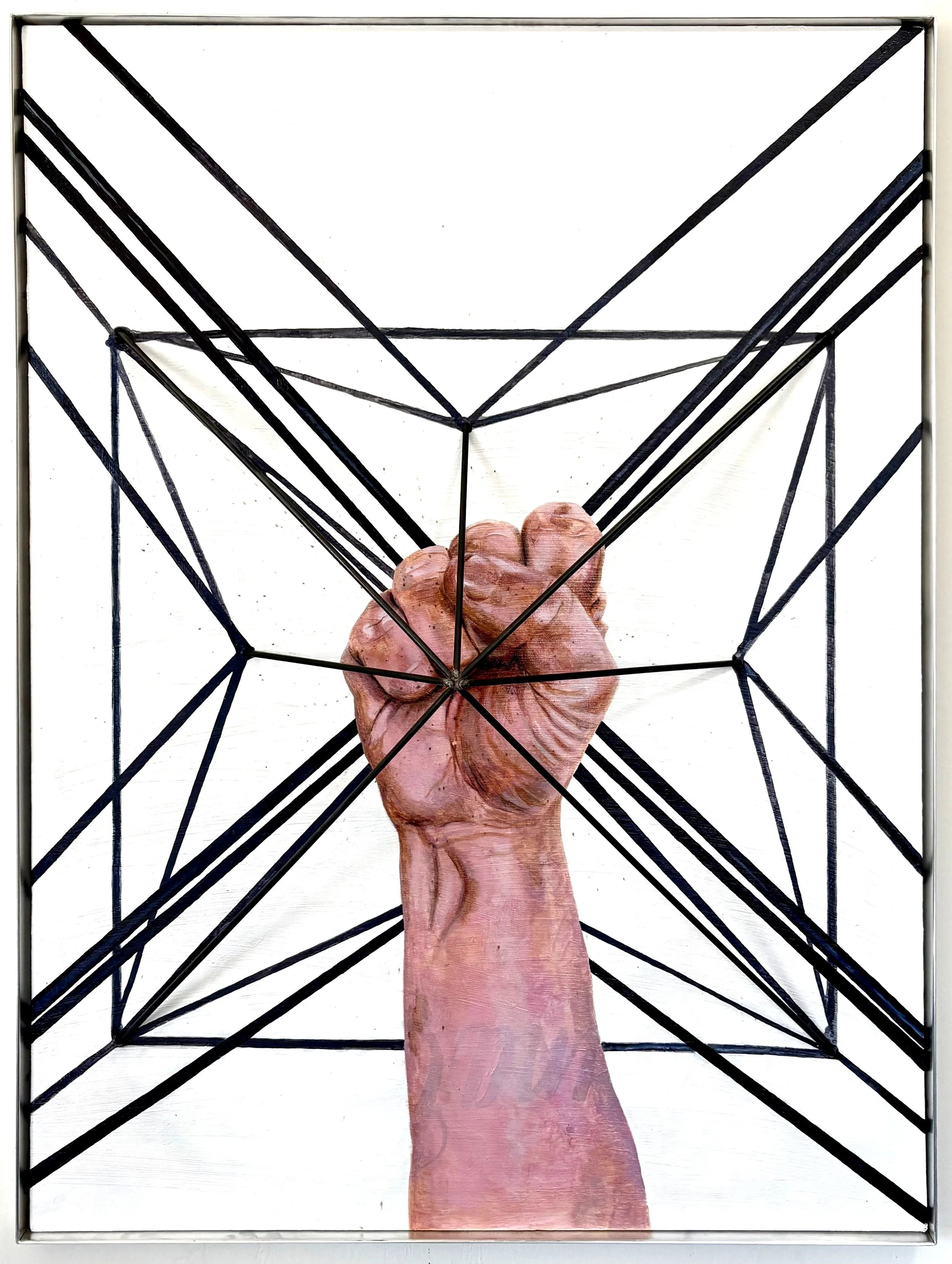 Platonic Solidarity — Oil on canvas, 1/4" mild steel rod, aluminum frame — 36 ⅜” x 48 ⅜” x 1 ½” 