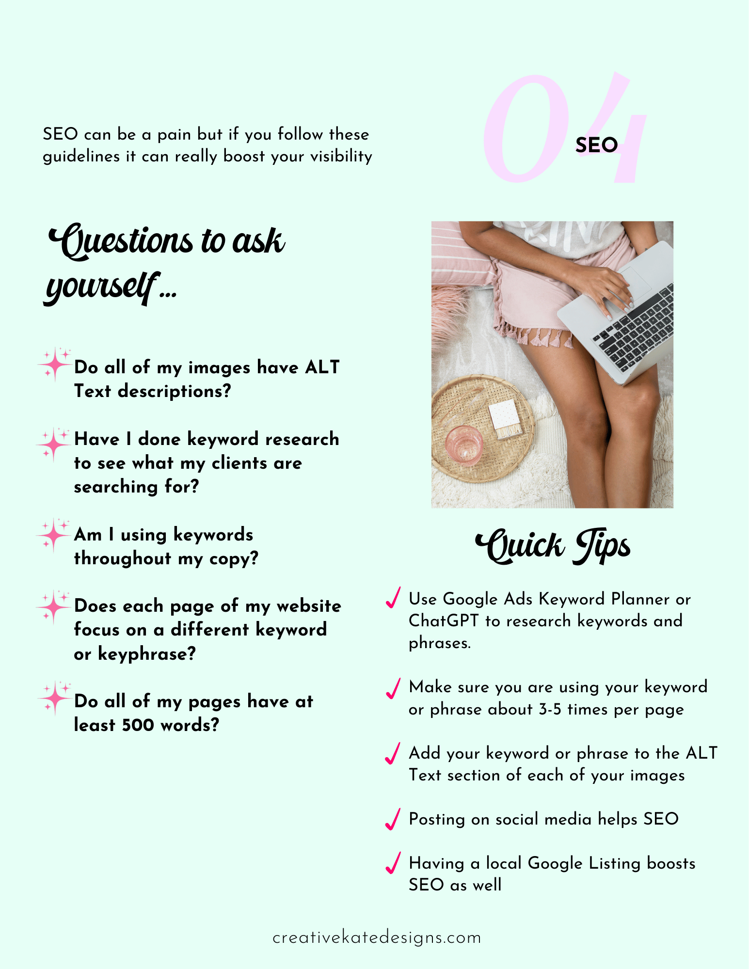 Image that features SEO Tips from the Website Must Haves Checklist