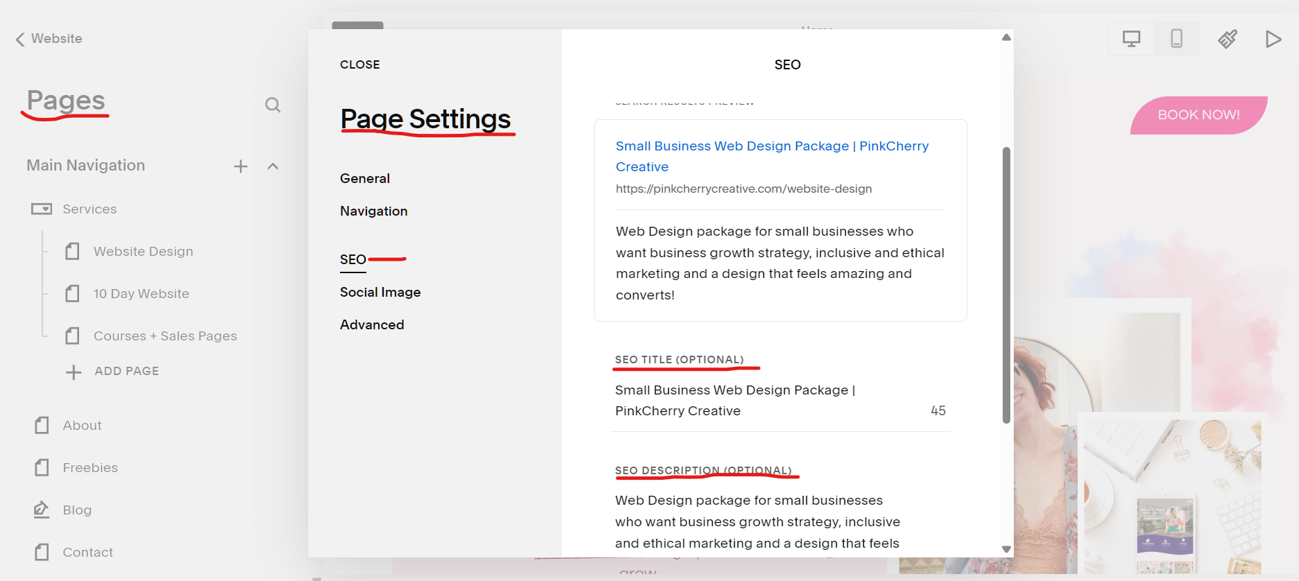 Image showing how to fill out SEO Options on each page of your website in Squarespace