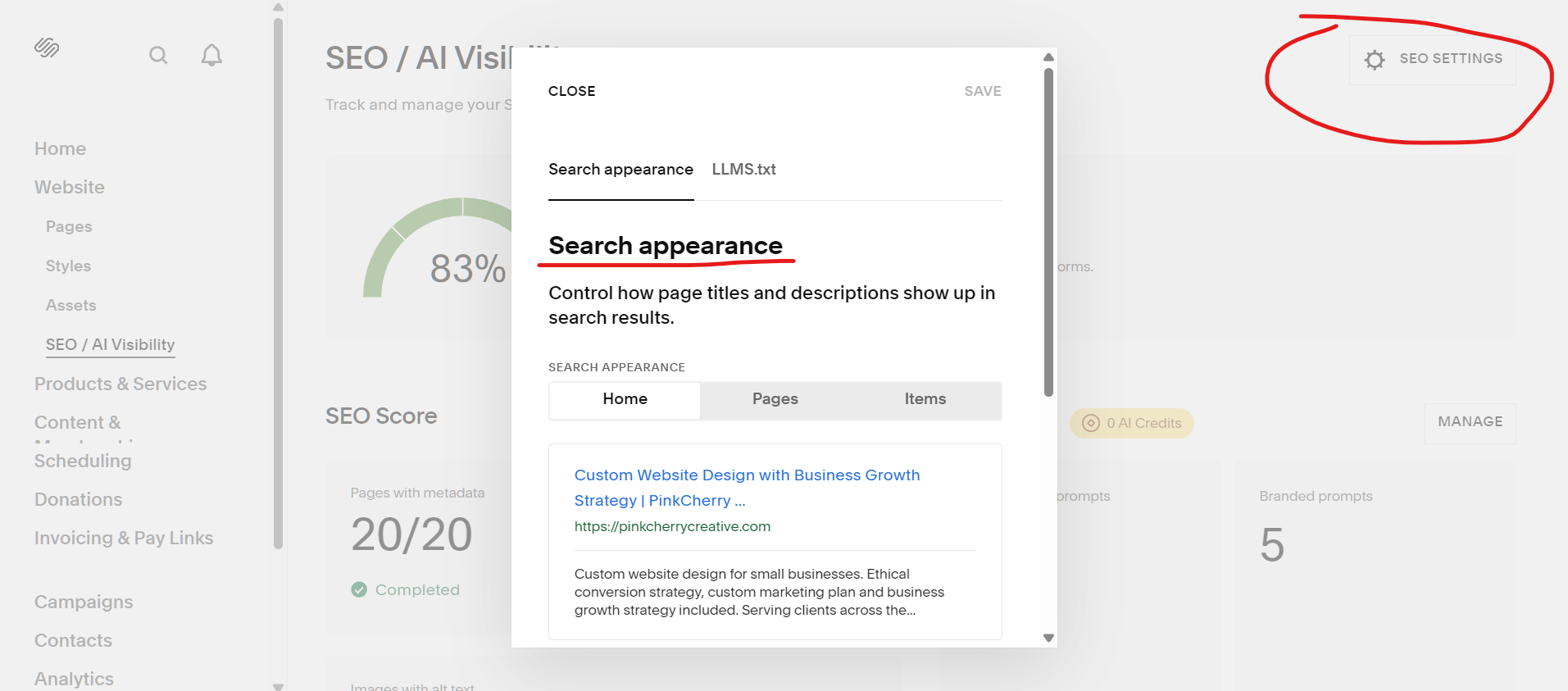 SEO Website Settings in Squarespace