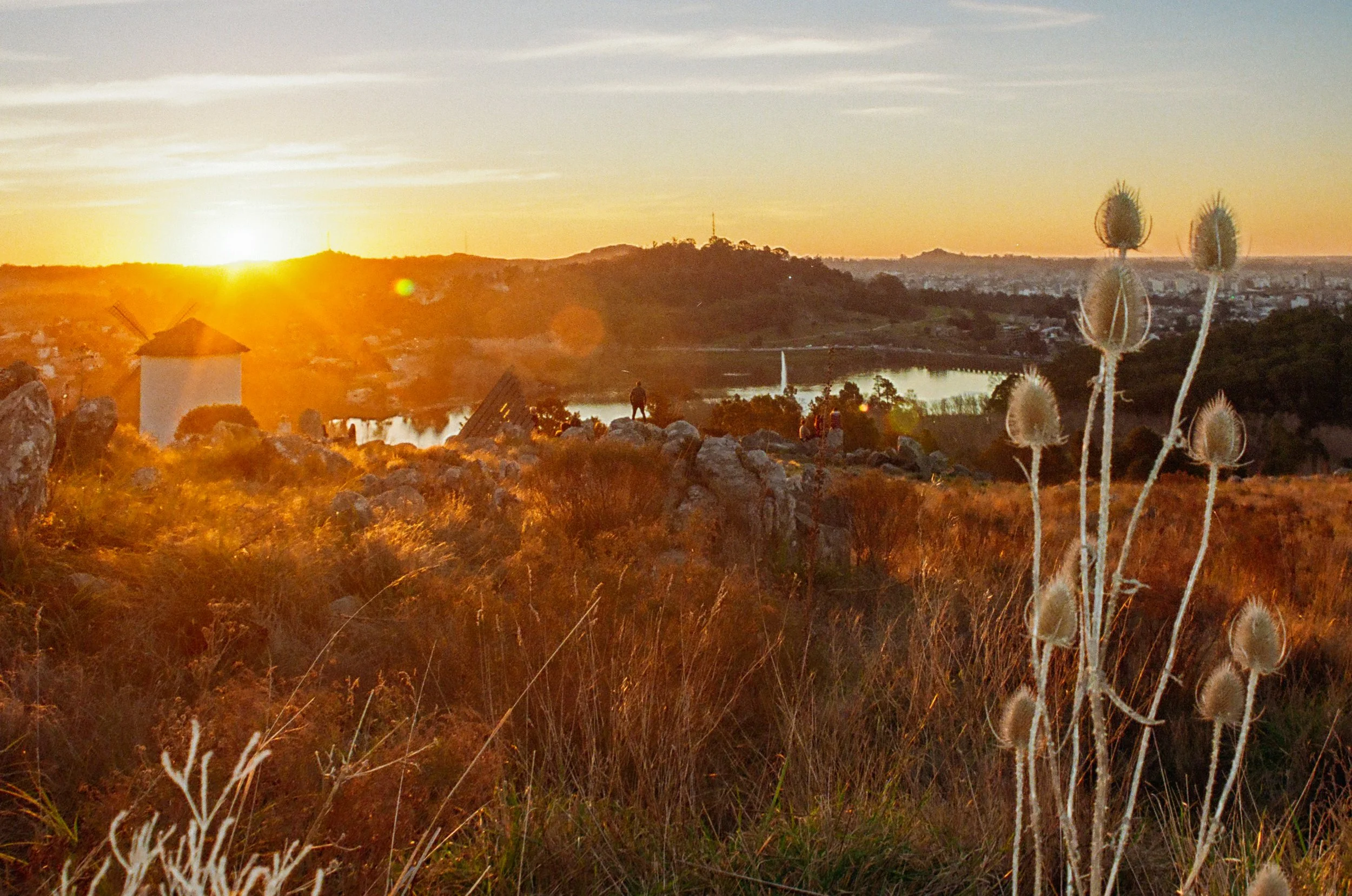 Sunset over a hilly landscape with rocks, dry grass, cacti in the foreground, and a windmill to the left. A person stands on a rock, overlooking a lake and city in the distance.