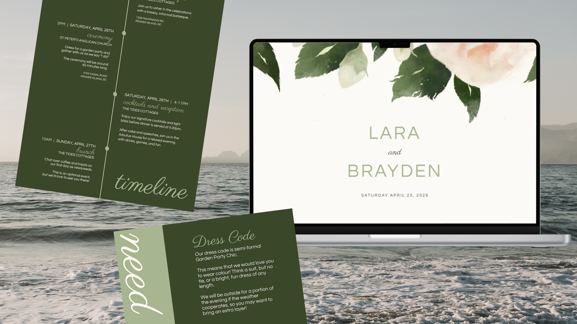 Green and white wedding invitation and event details cards displayed in front of a laptop on a beach, with a background of ocean waves and cloudy sky.