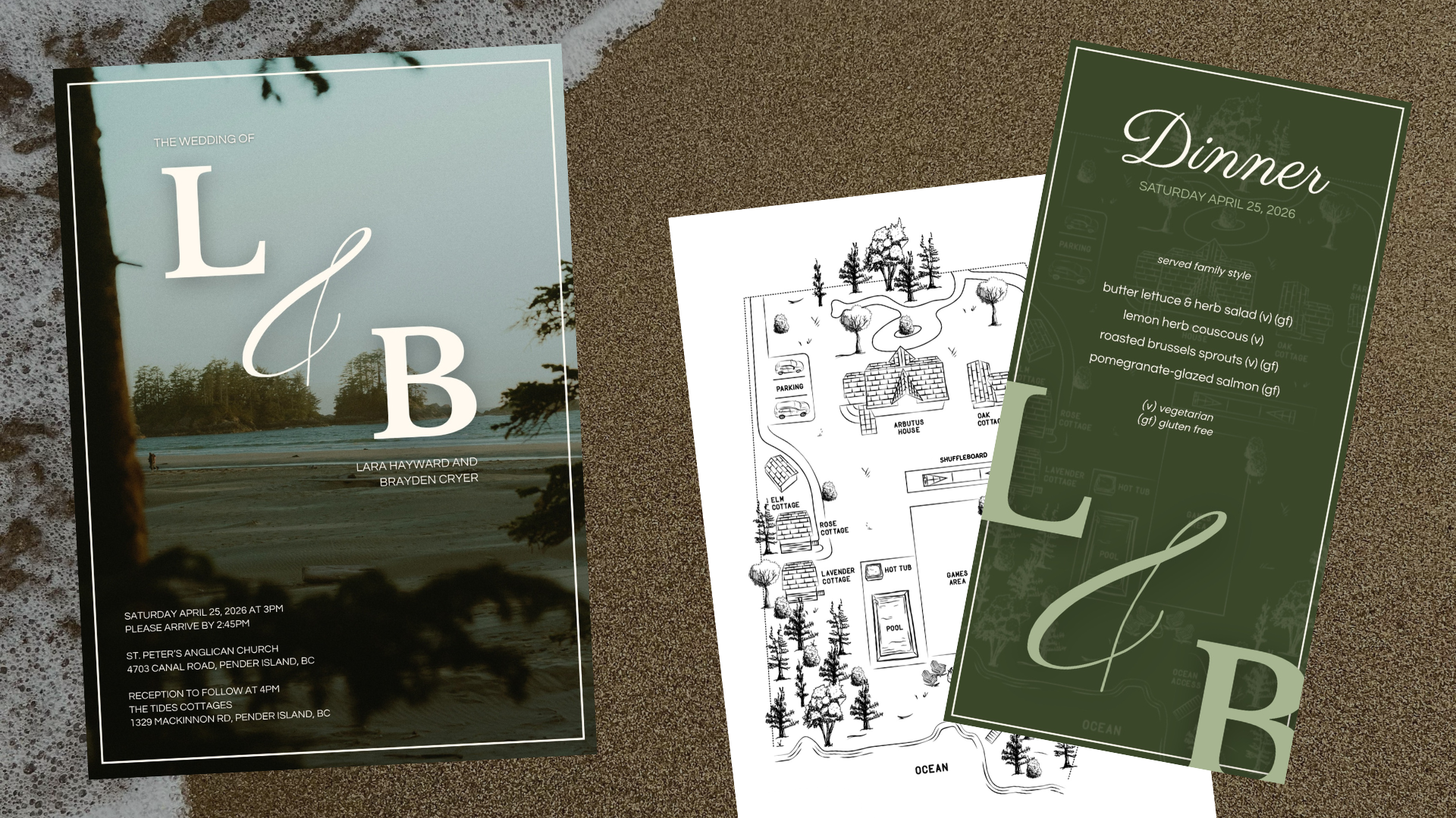 Three wedding invitation cards on a sandy beach, one with a scenic ocean view, another with a detailed park layout, and a third with menu details for a wedding dinner.