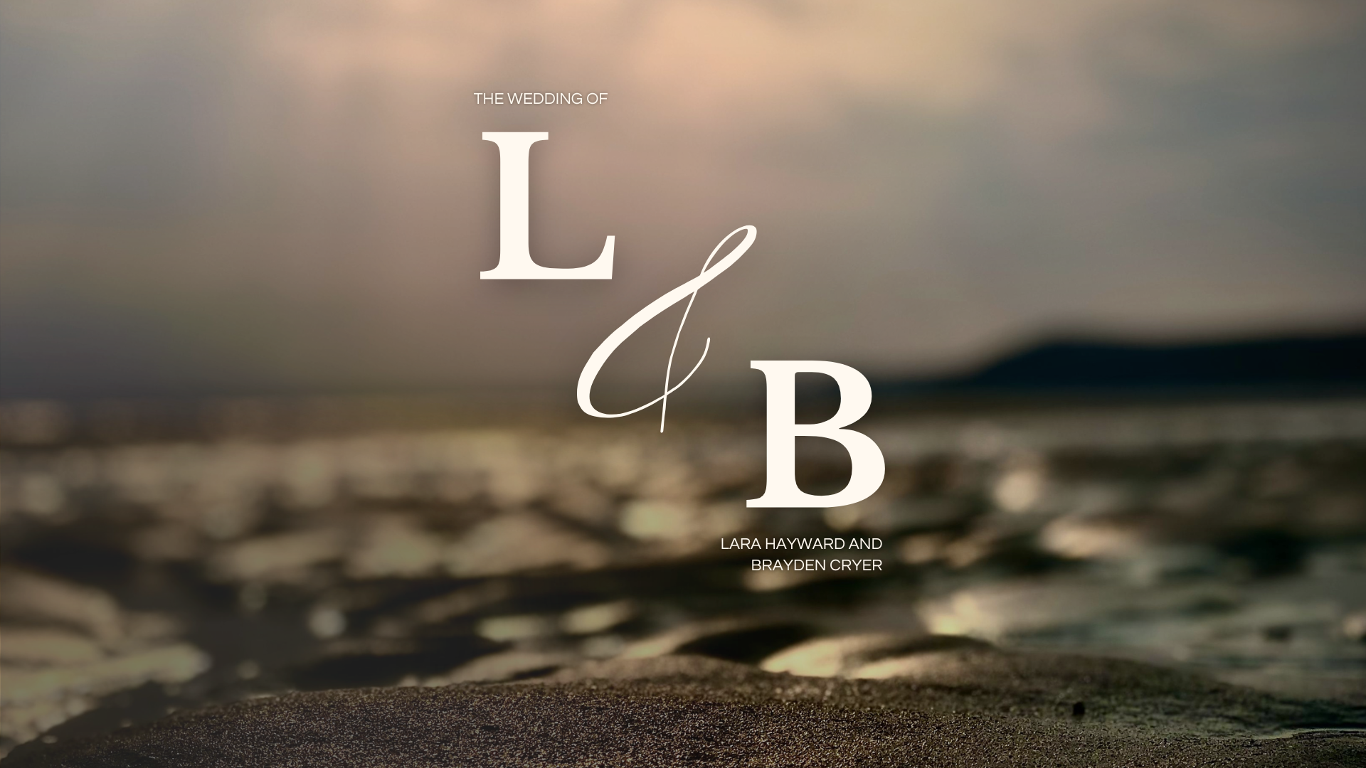 Title page of a wedding album with a blurred sunset or sunrise over a beach, titled "The Wedding of L&B" by Lara Hayward and Brayden Cryer.